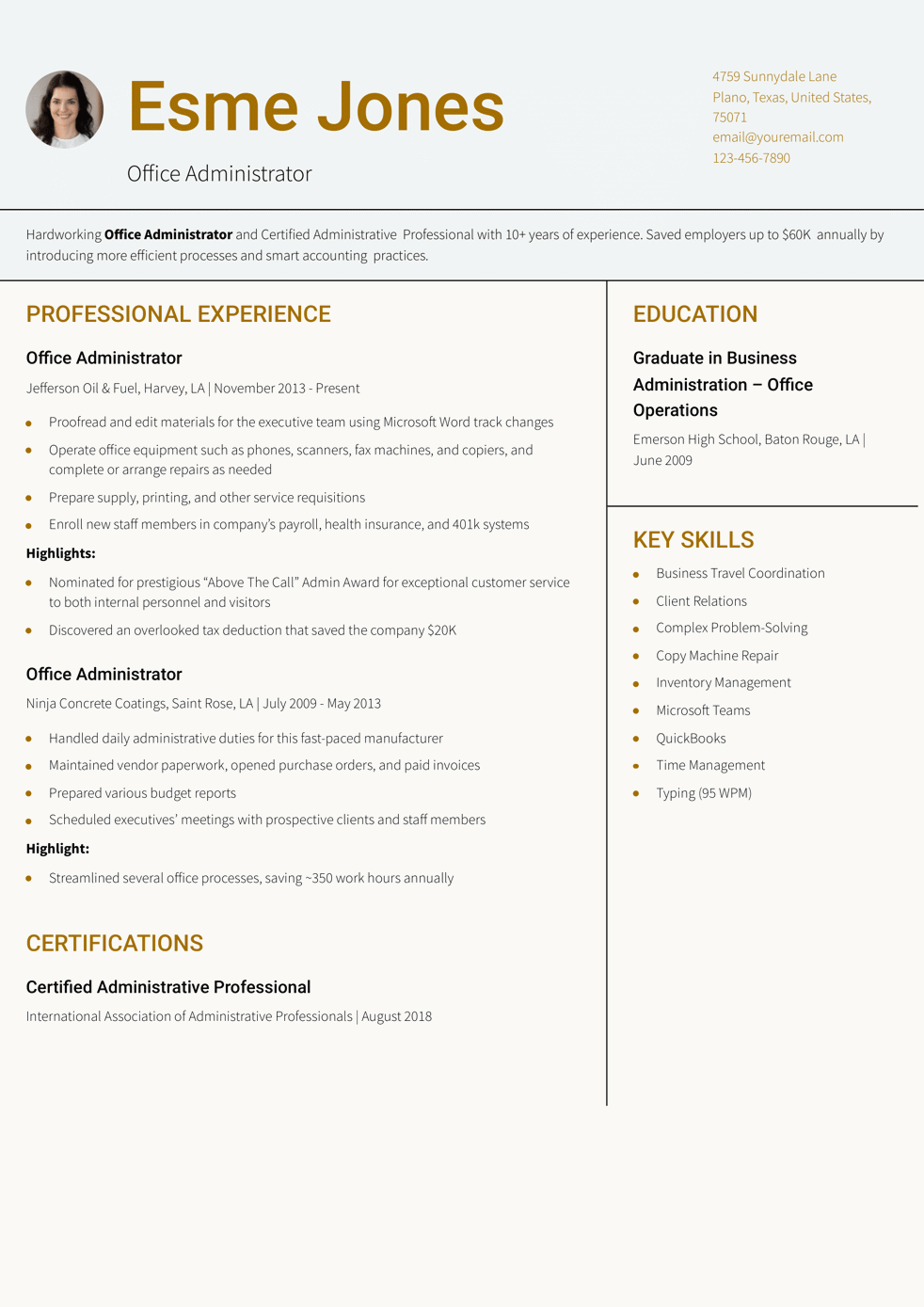 Oil and Gas Office Administrator Resume Example