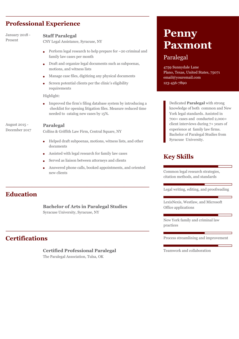 Staff Paralegal Resume Example