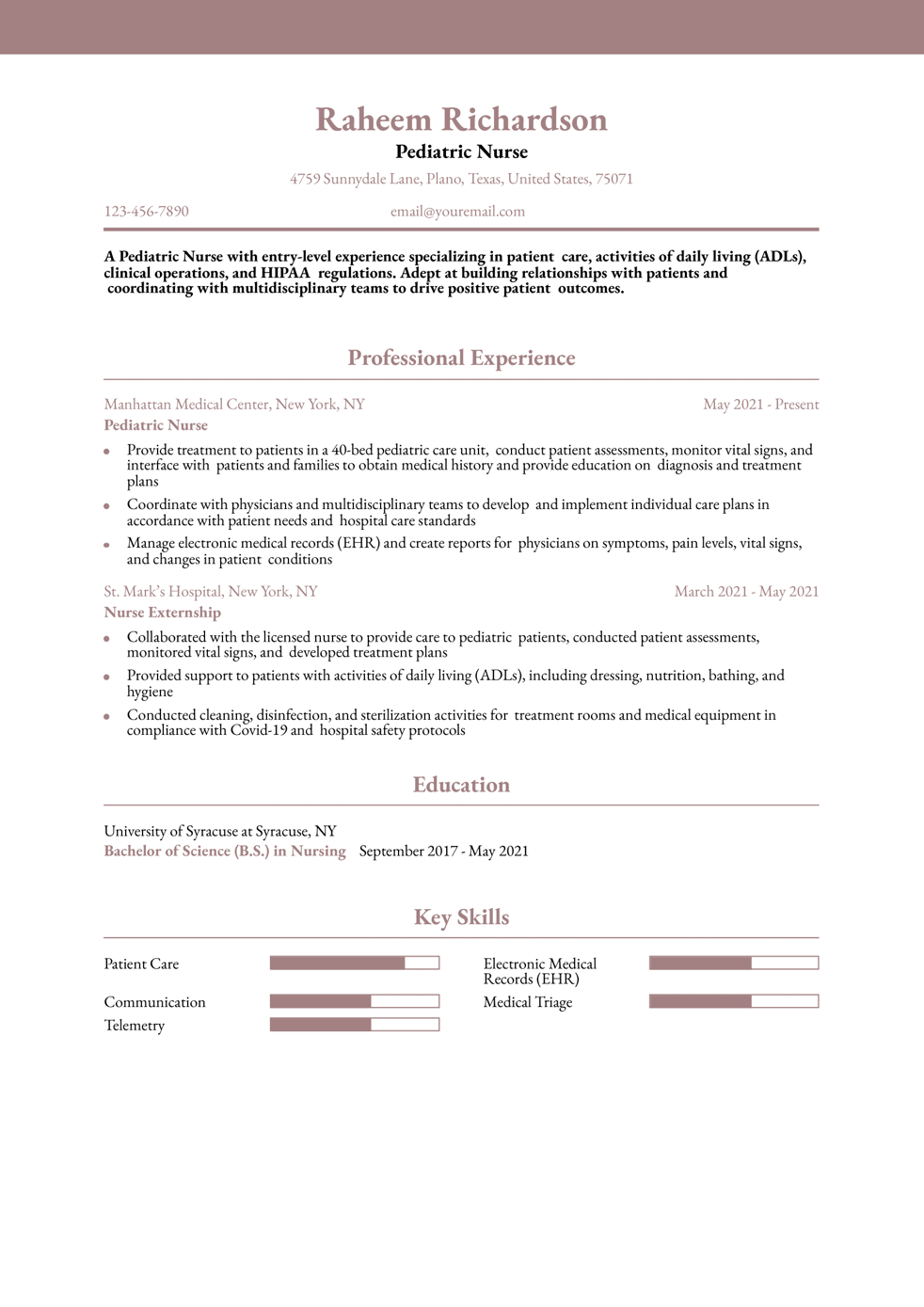 Entry-Level Pediatric Nurse Resume Example
