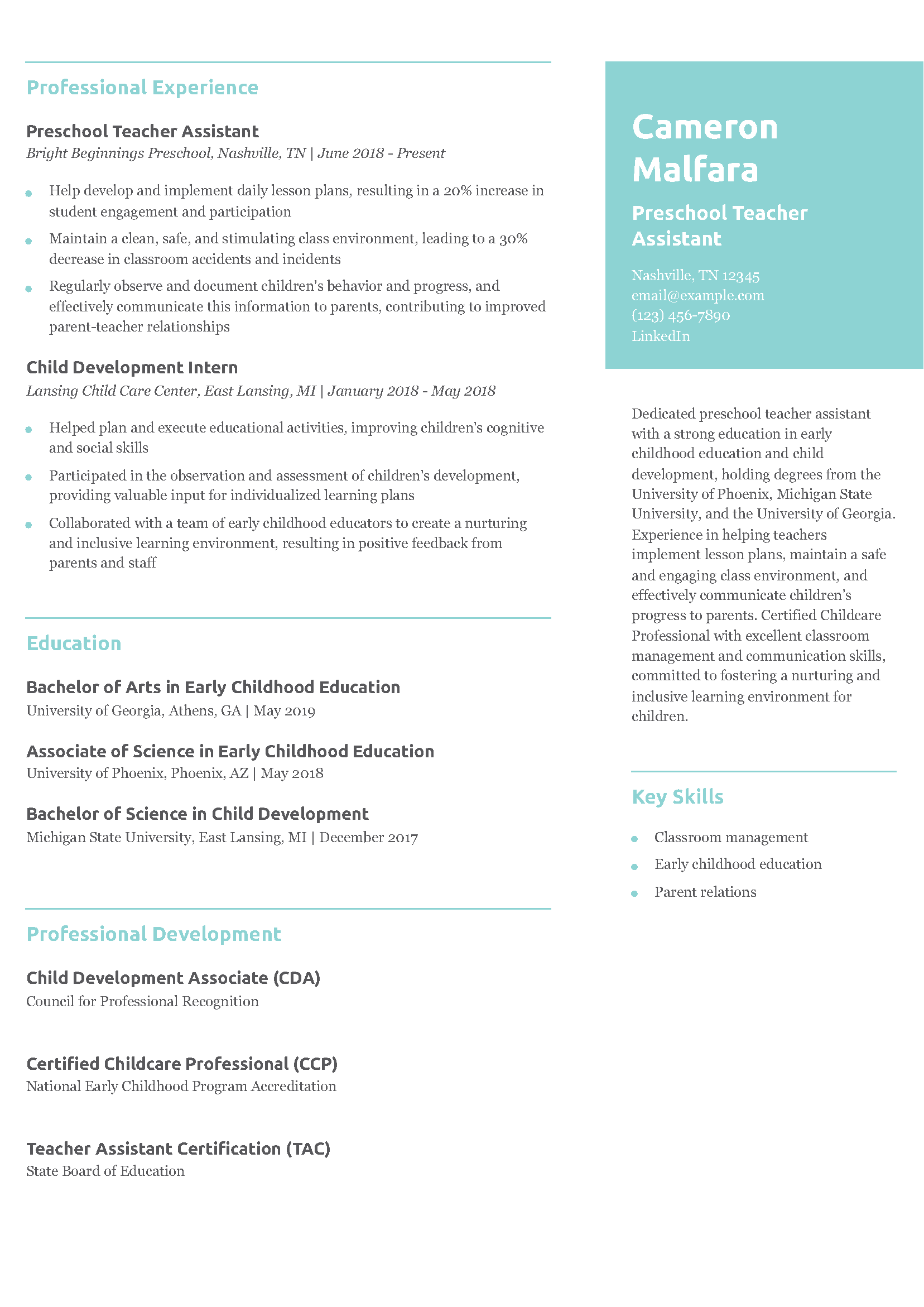 Teacher Assistant Resume Example