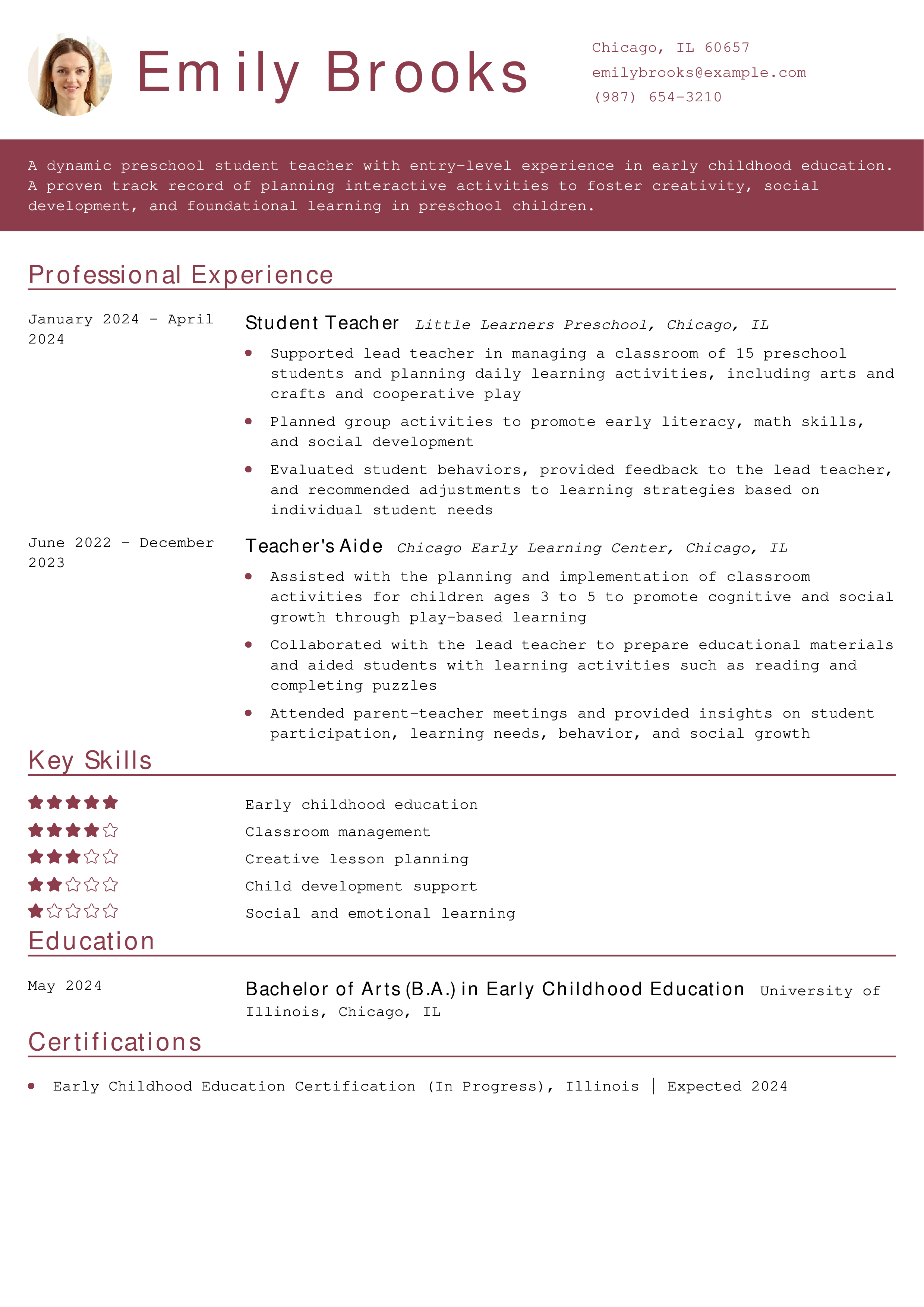 Preschool Student Teacher Resume Example