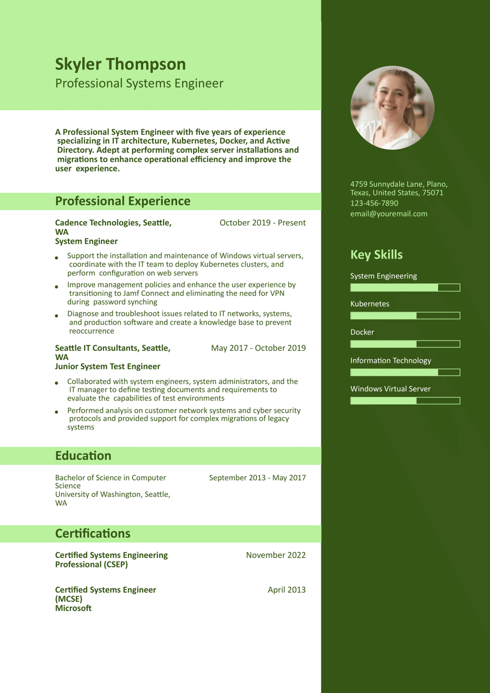 Professional Systems Engineer Resume Example