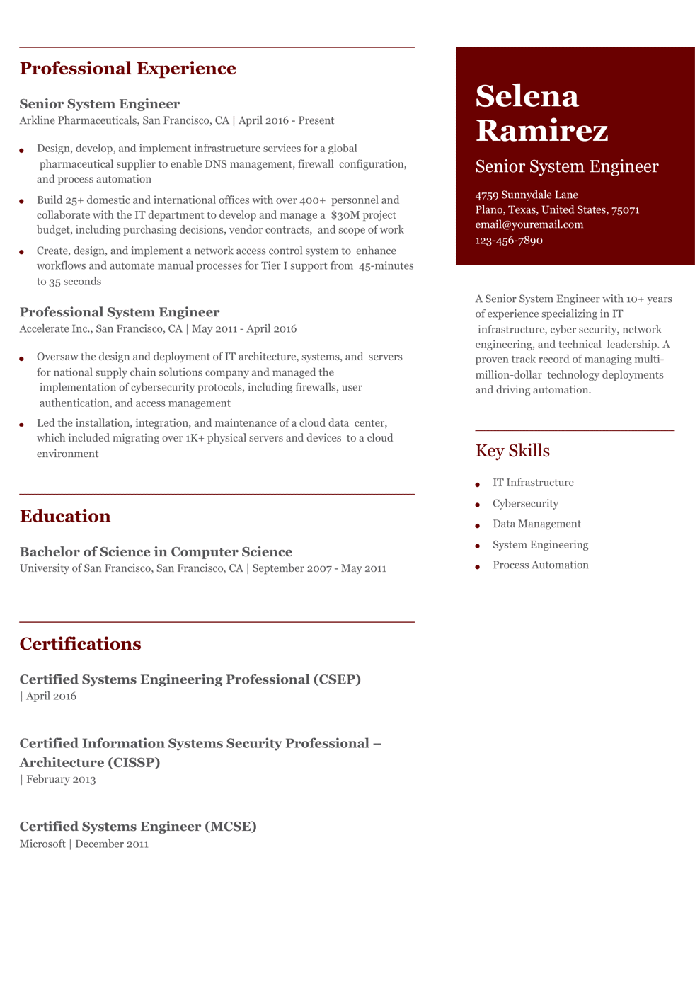 Senior Systems Engineer Resume Example