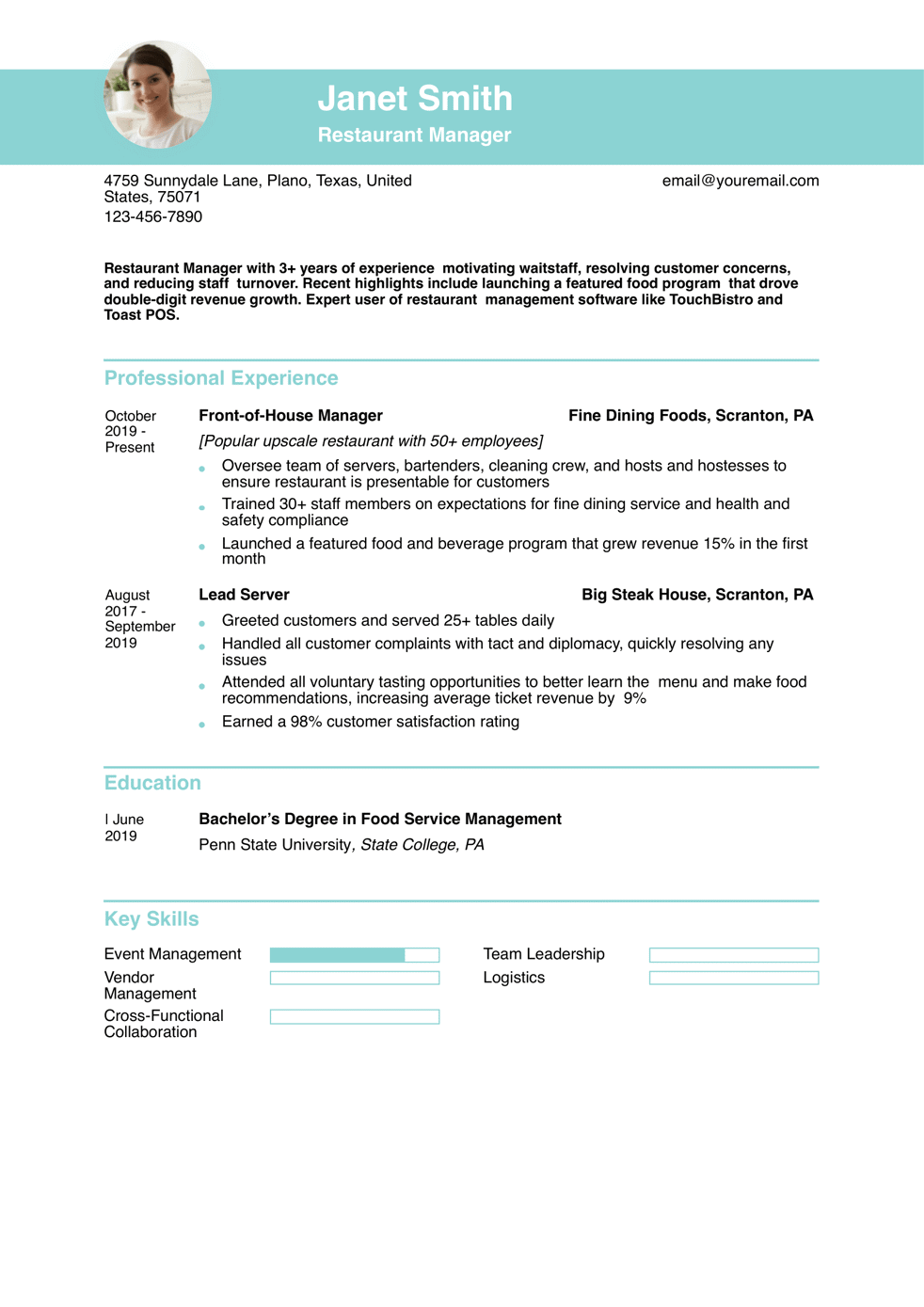 Entry-Level Restaurant Manager Resume Example