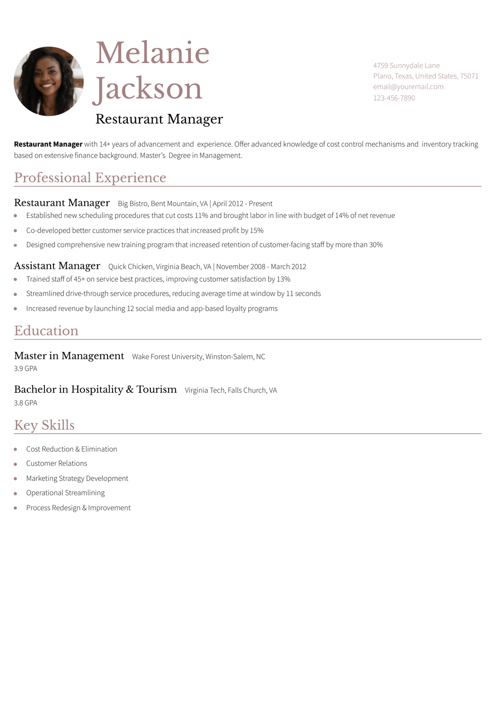 Senior-Level Restaurant Manager Resume Example