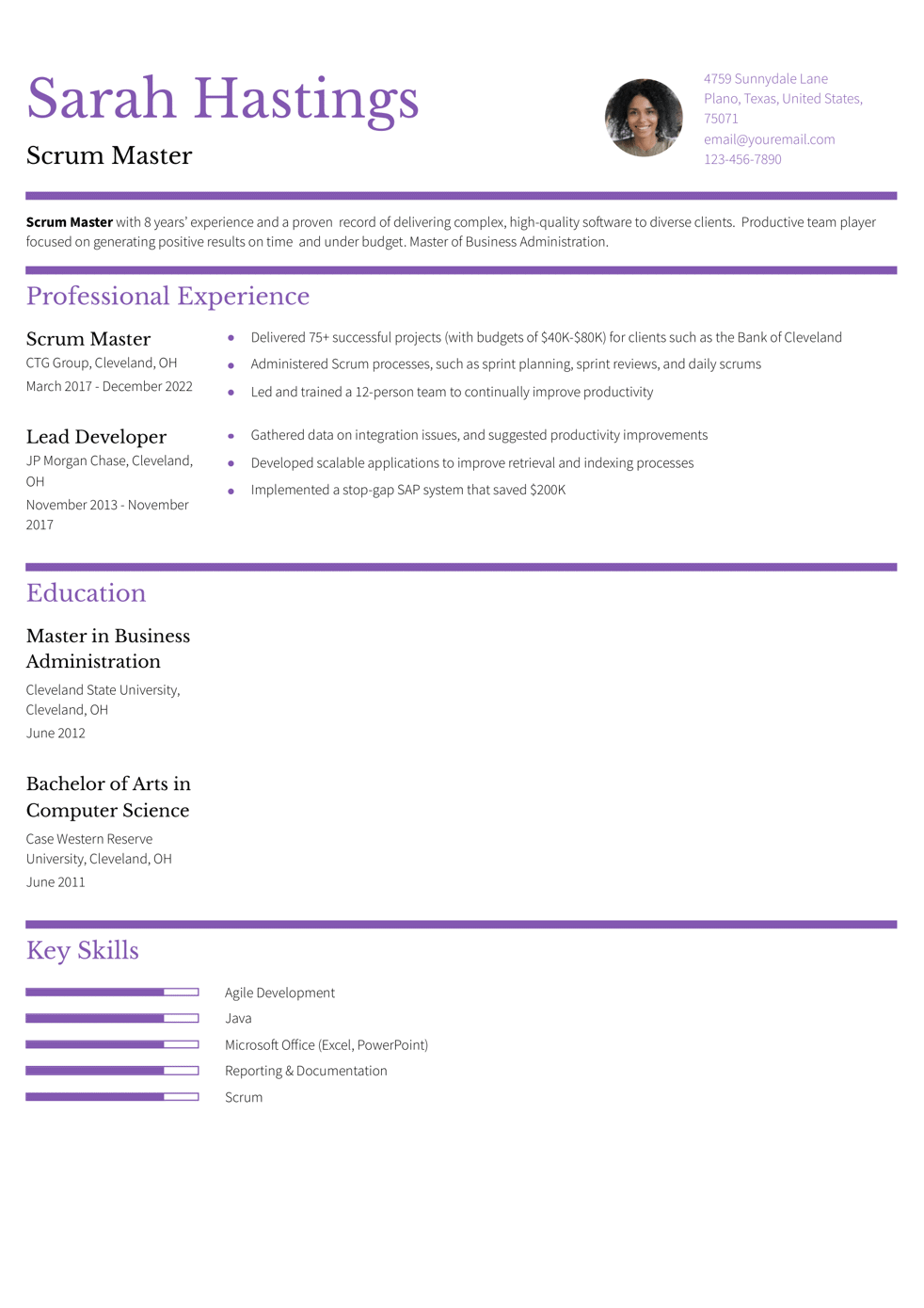 Scrum Master With MBA Resume Example