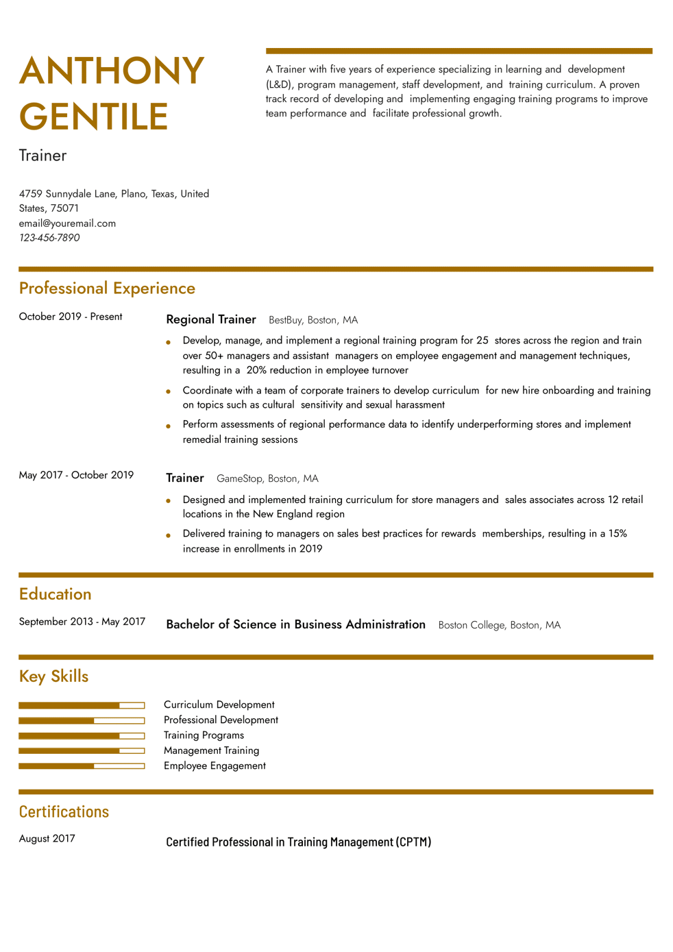 Trainer Resume Example