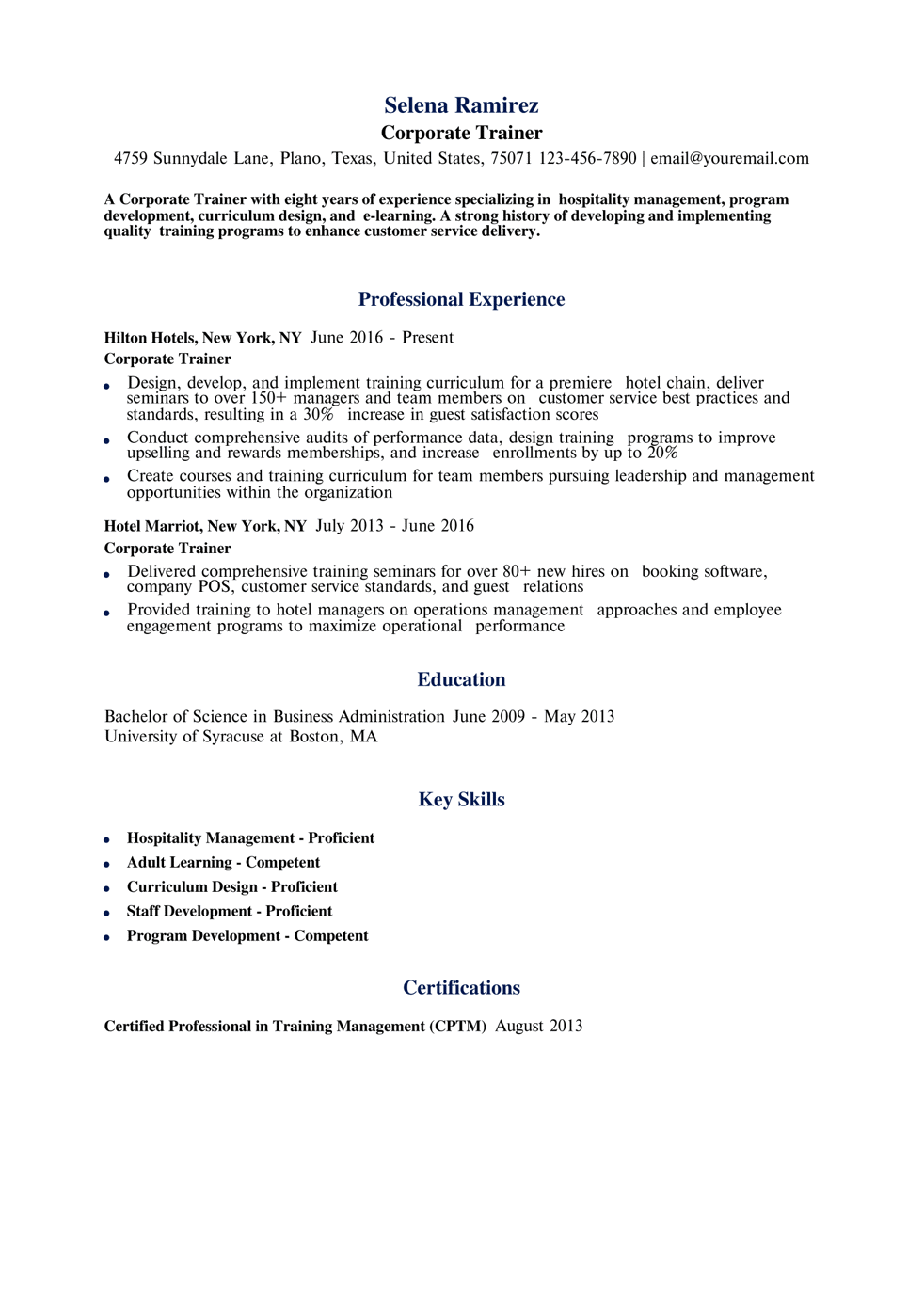 Corporate Trainer Resume Example