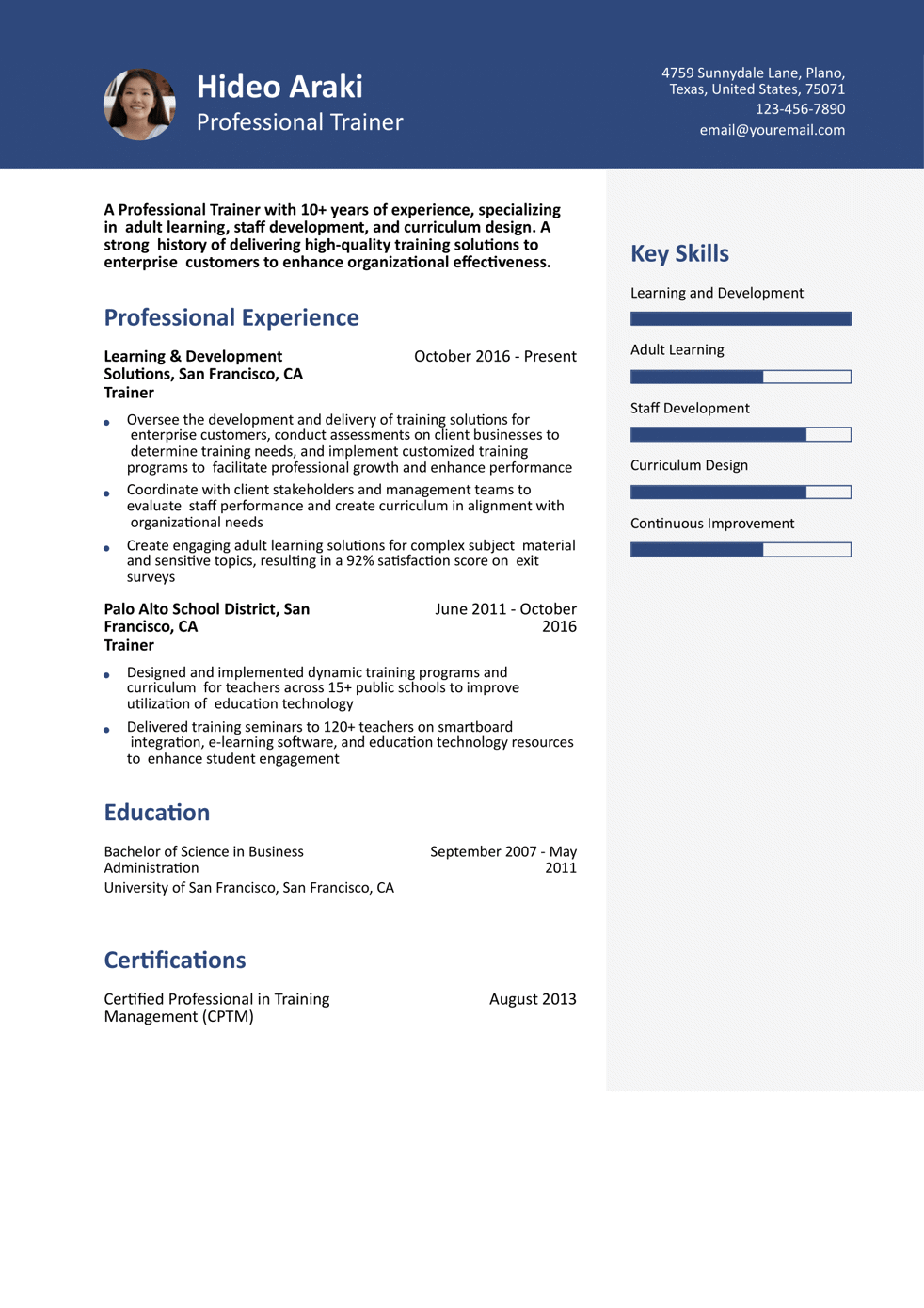 Learning and Development Trainer Resume Example