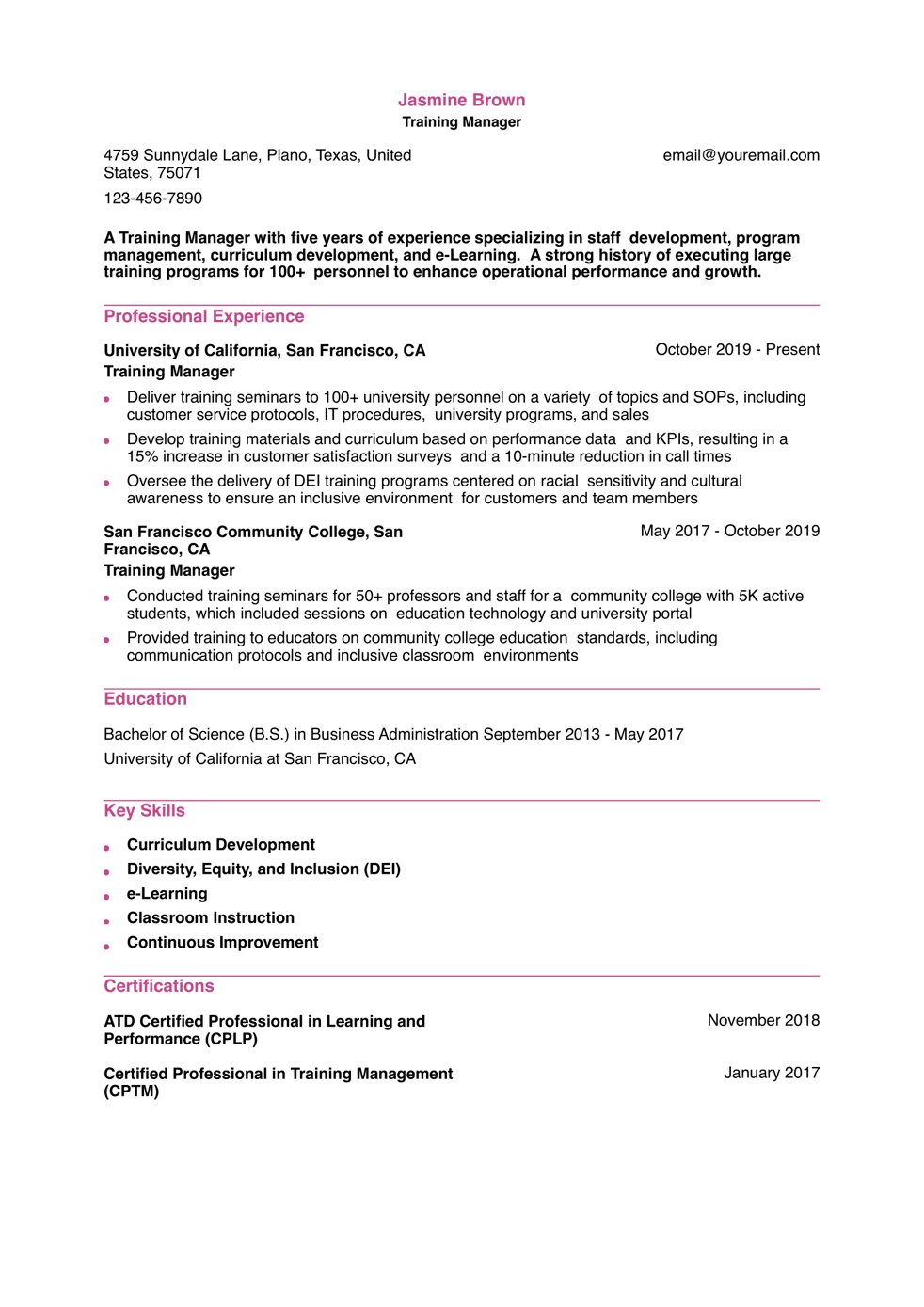 Entry-Level Training Manager Resumes