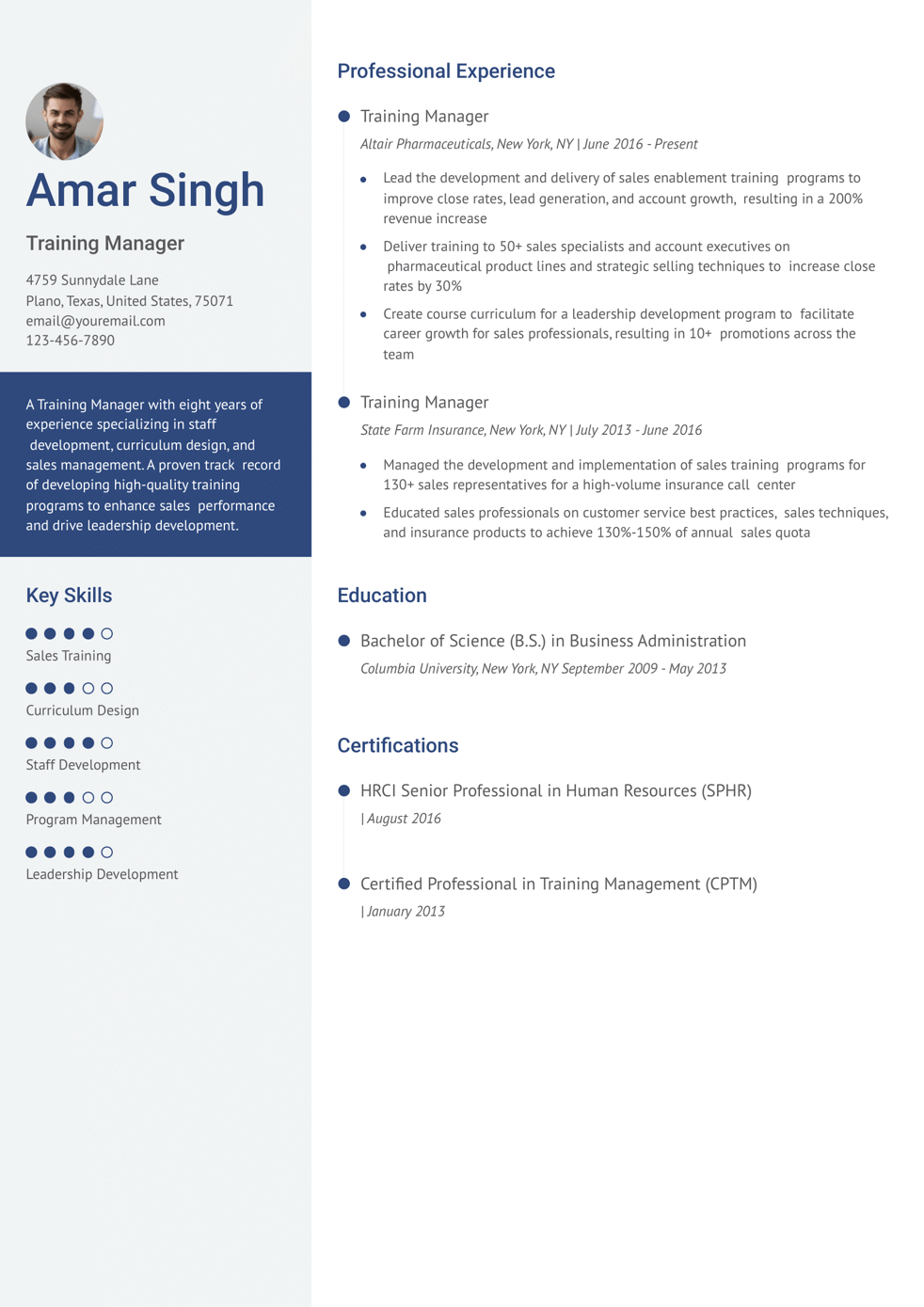 Training Manager Resume Example