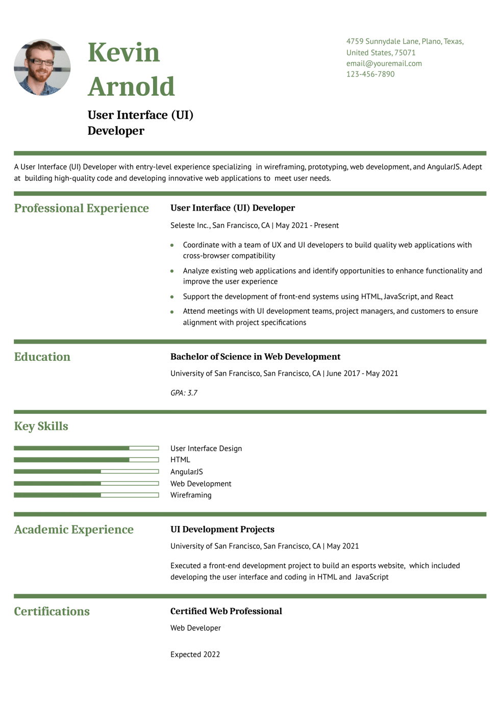 Entry-Level User Interface Developer Resume