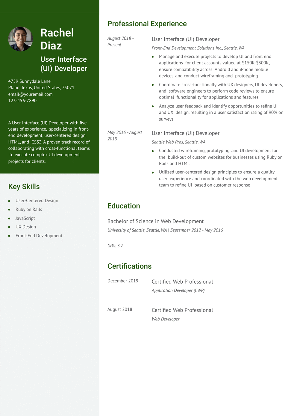 Mid-Career User Interface Developer Resume