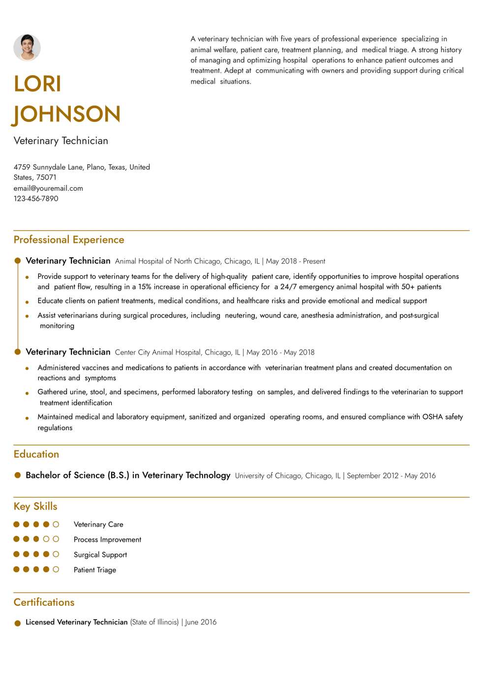 Mid-Level Veterinary Technician Resume Example