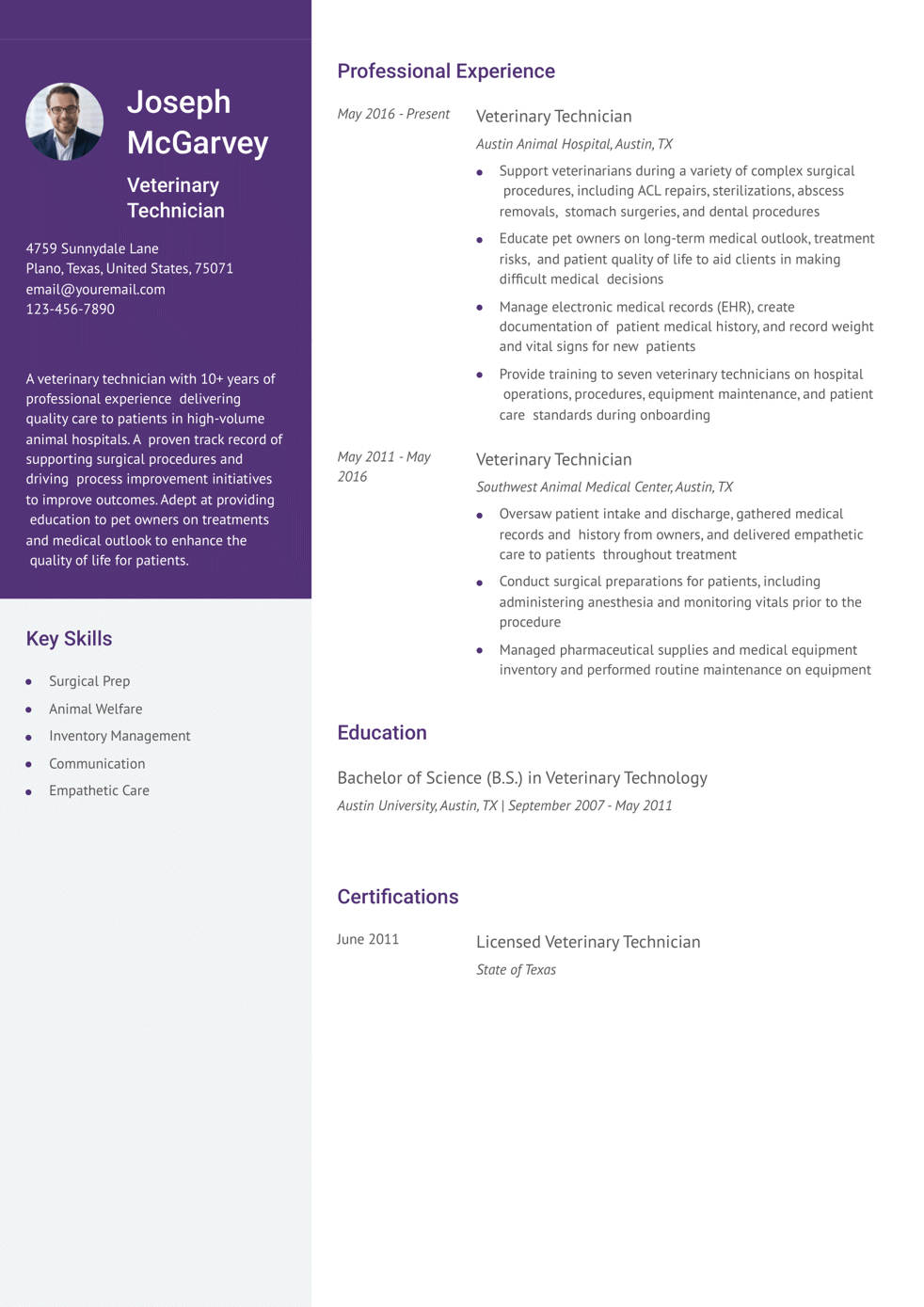 Senior Veterinary Technician Resume Example