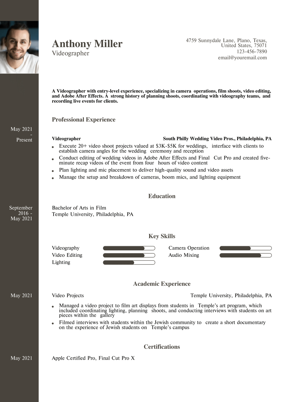 Entry-Level Videographer Resume