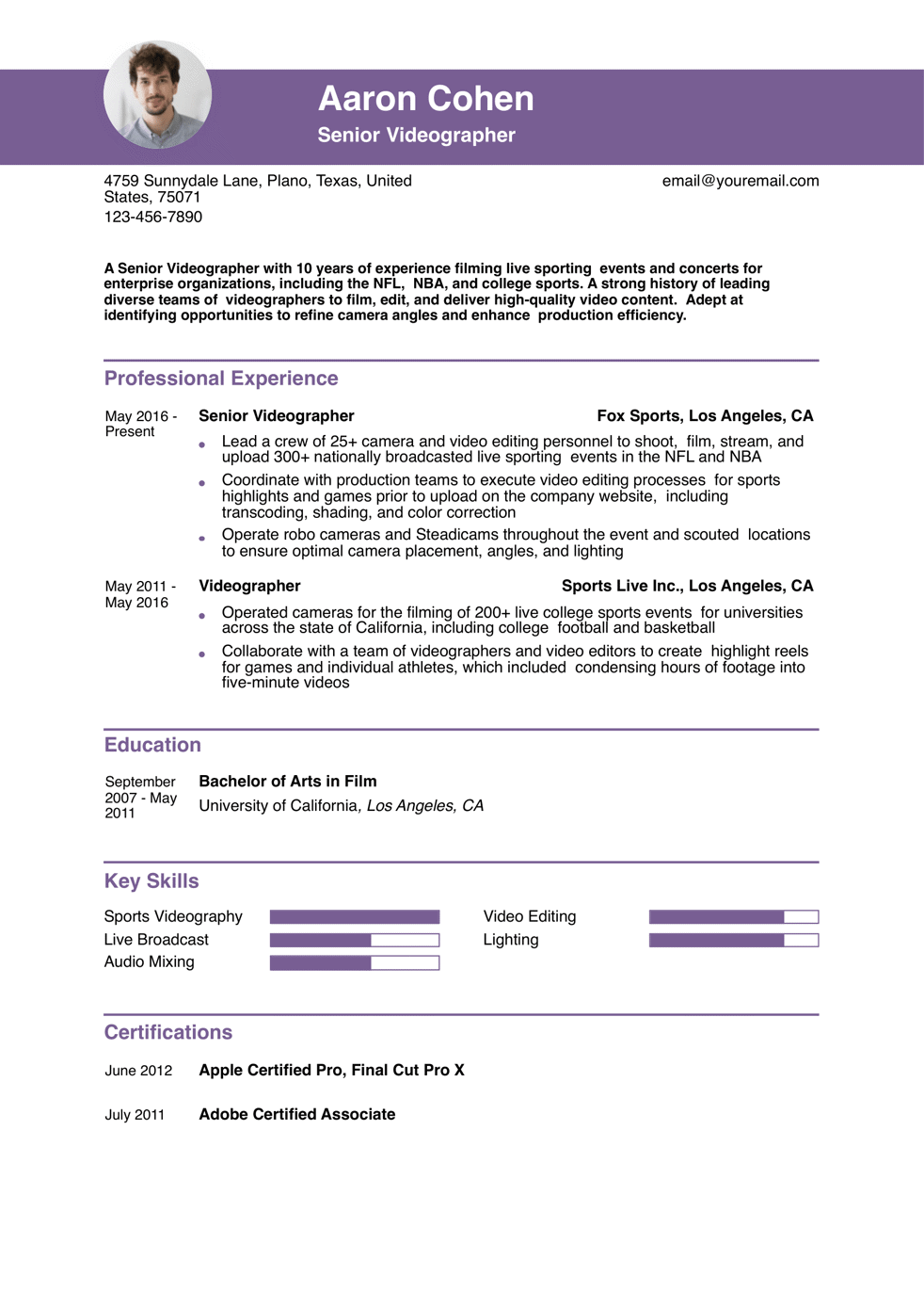 Senior-Level Videographer Resume