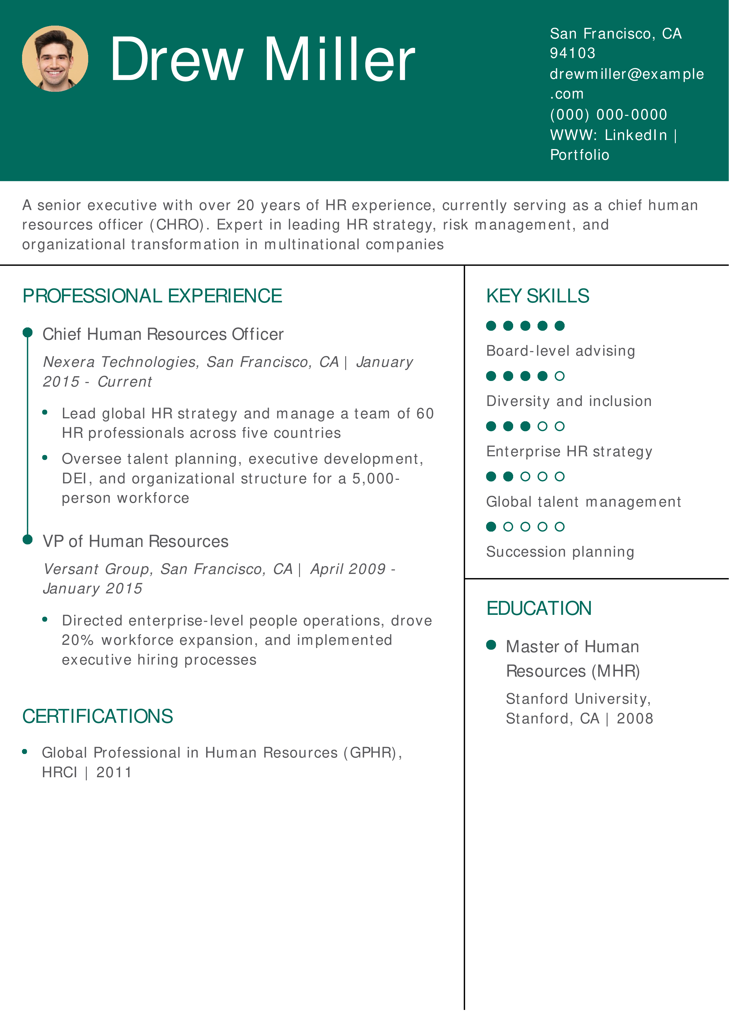 Chief Human Resources Officer Resume Example