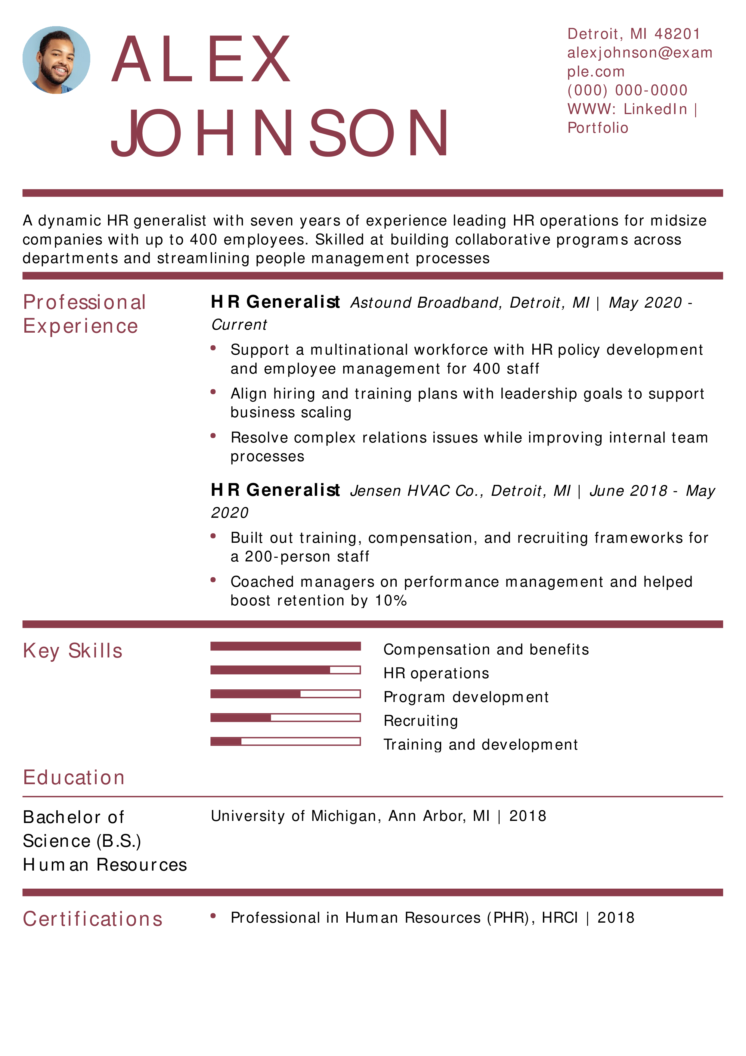 Experienced HR Generalist Resume Example
