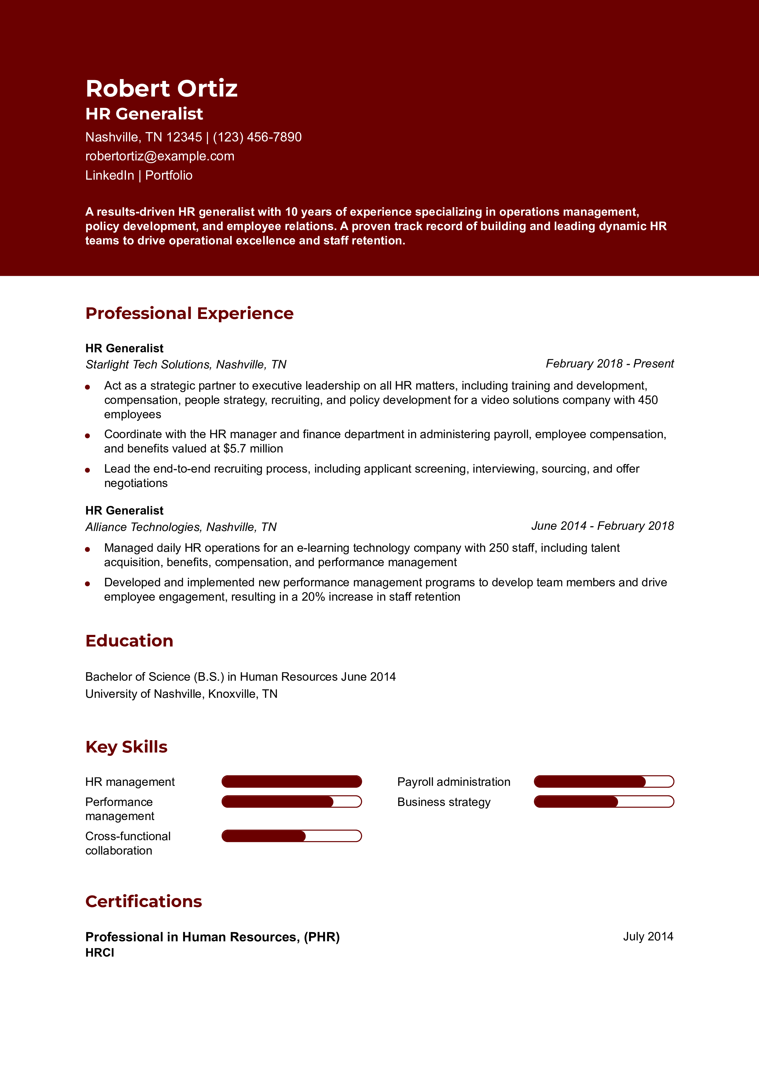 HR Generalist With 10 Years of Experience Resume