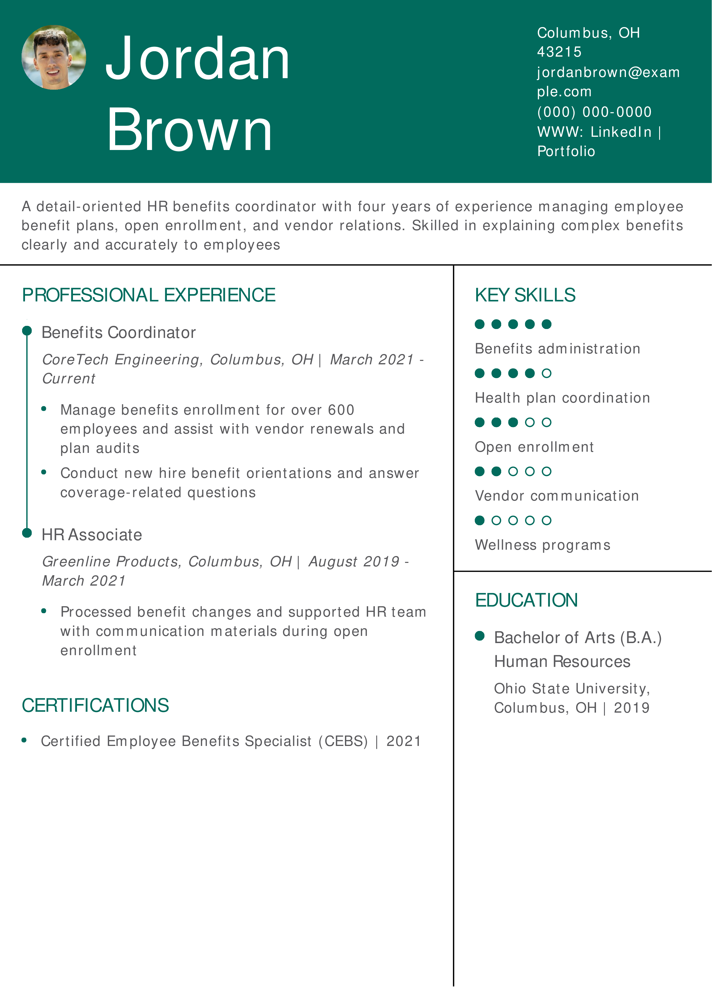 HR Benefits Coordinator Resume Example