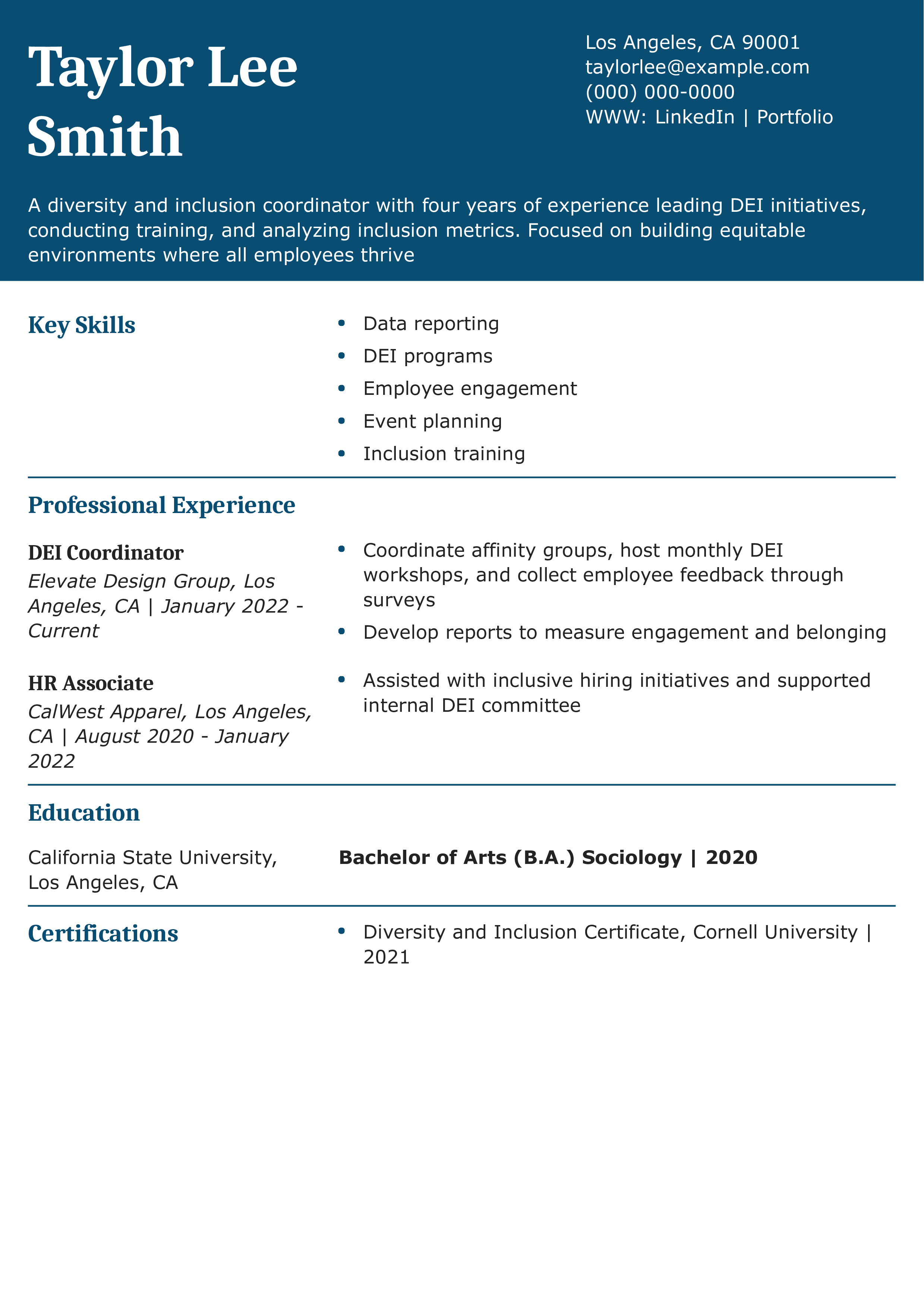 HR Diversity and Inclusion Coordinator Resume Example