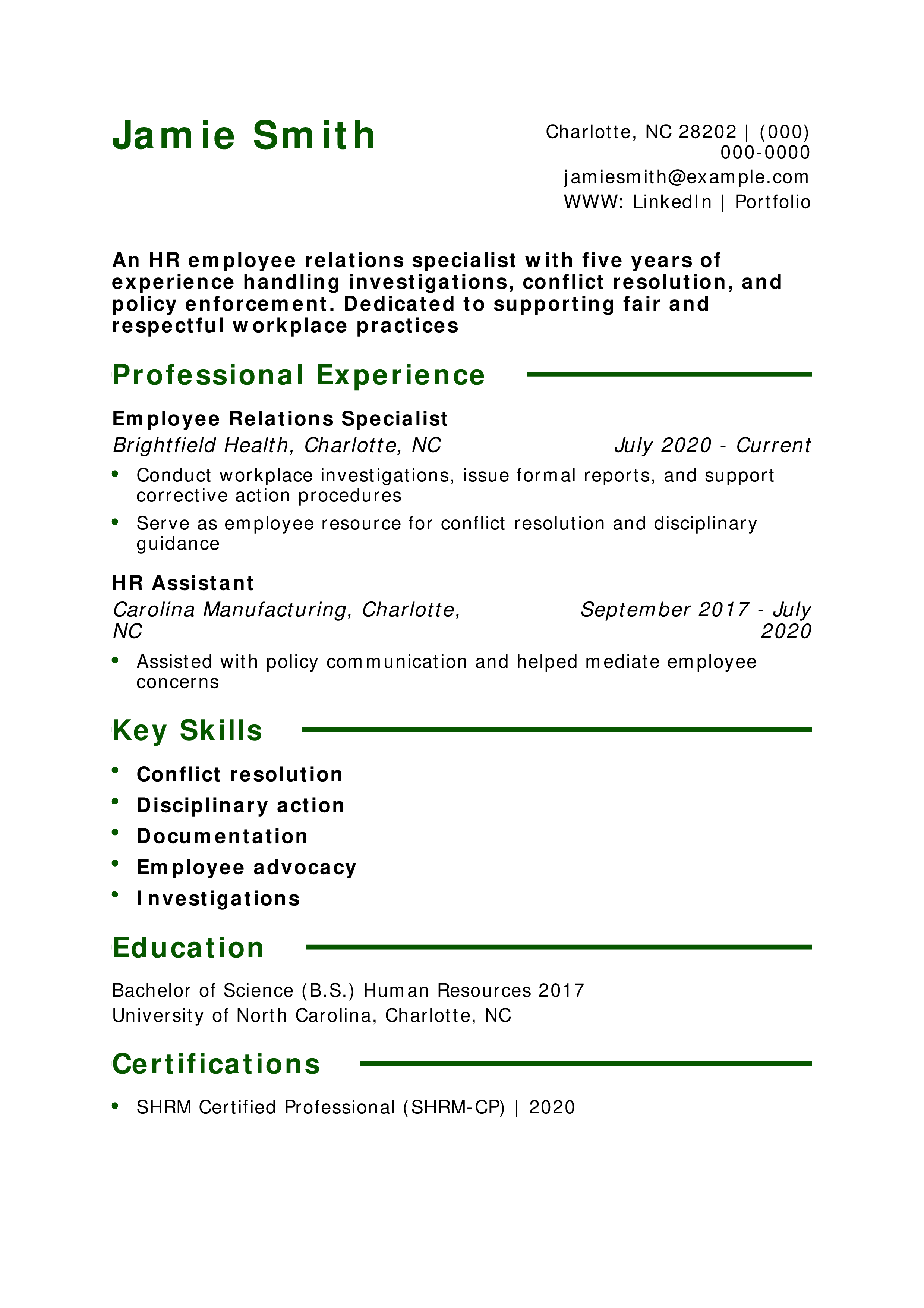 HR Employee Relations Specialist Resume Example