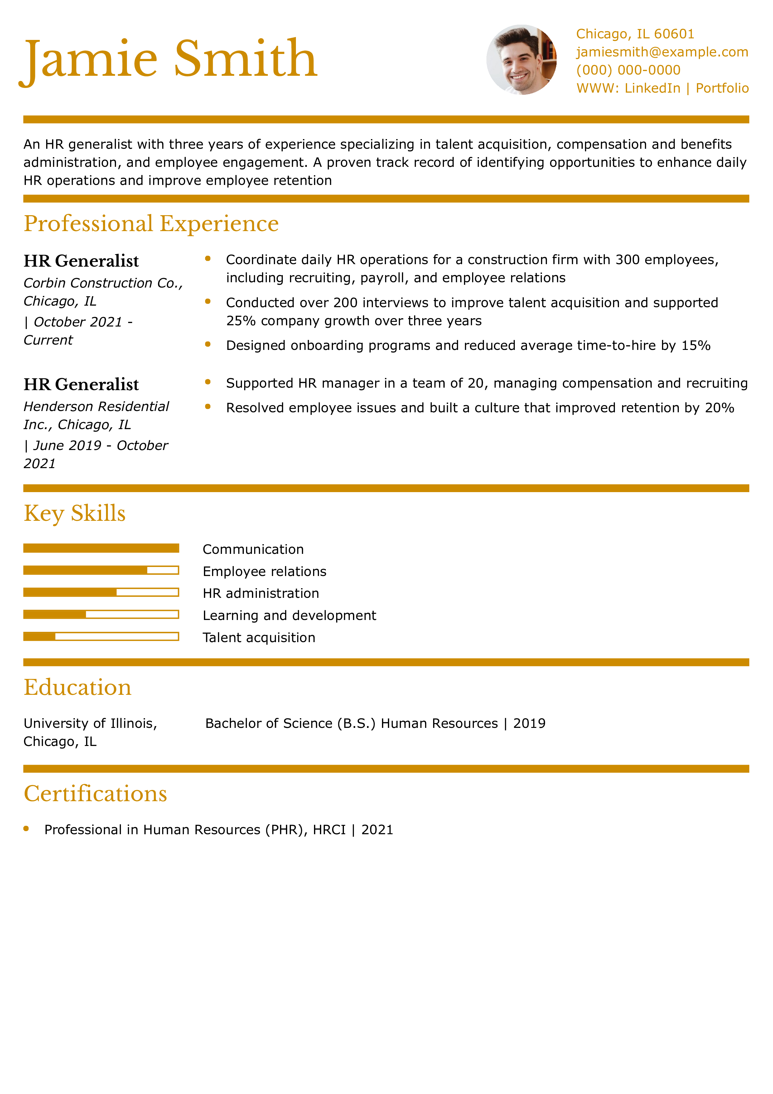 HR Generalist Resume Example