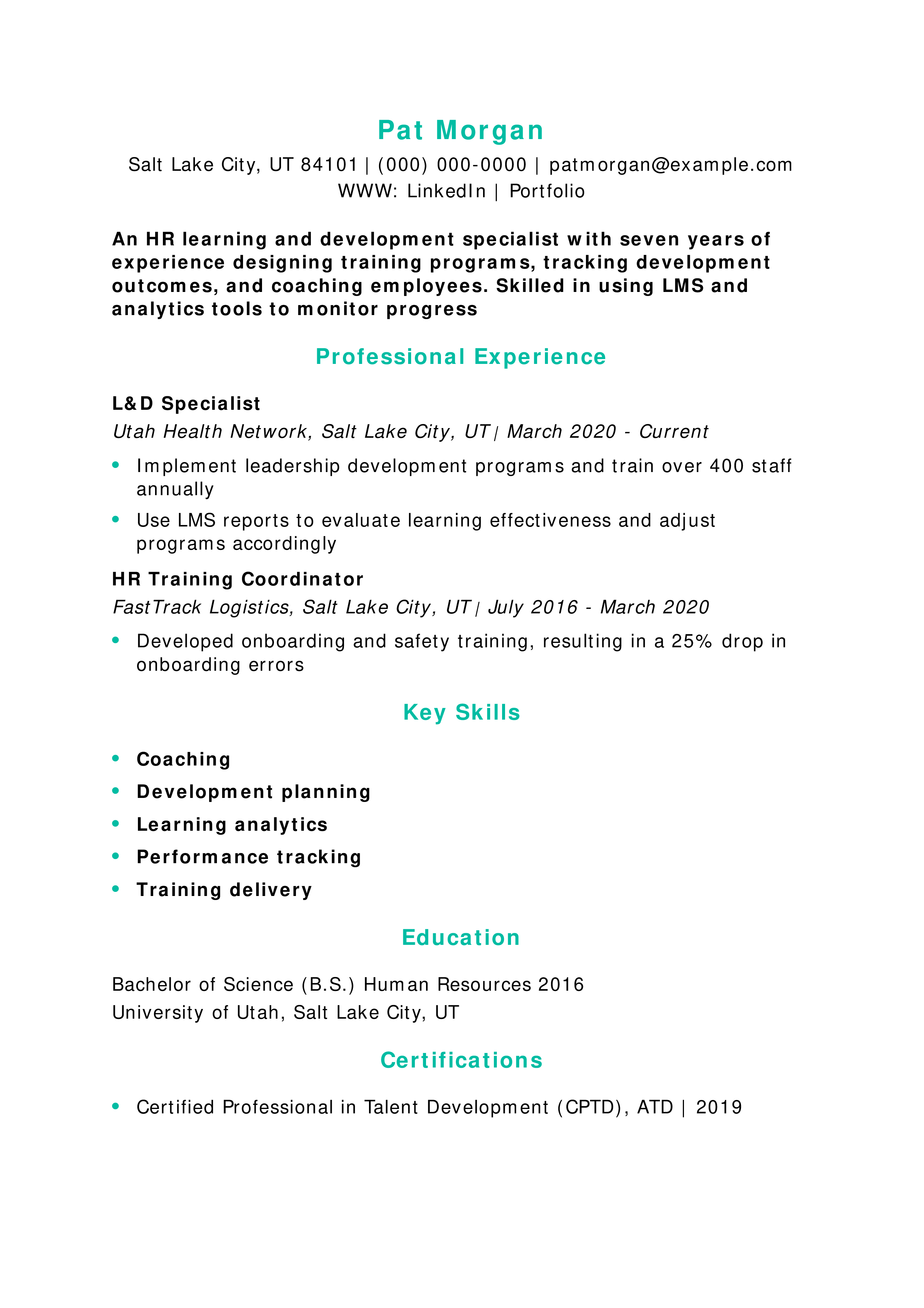 HR Learning and Development Specialist Resume Example