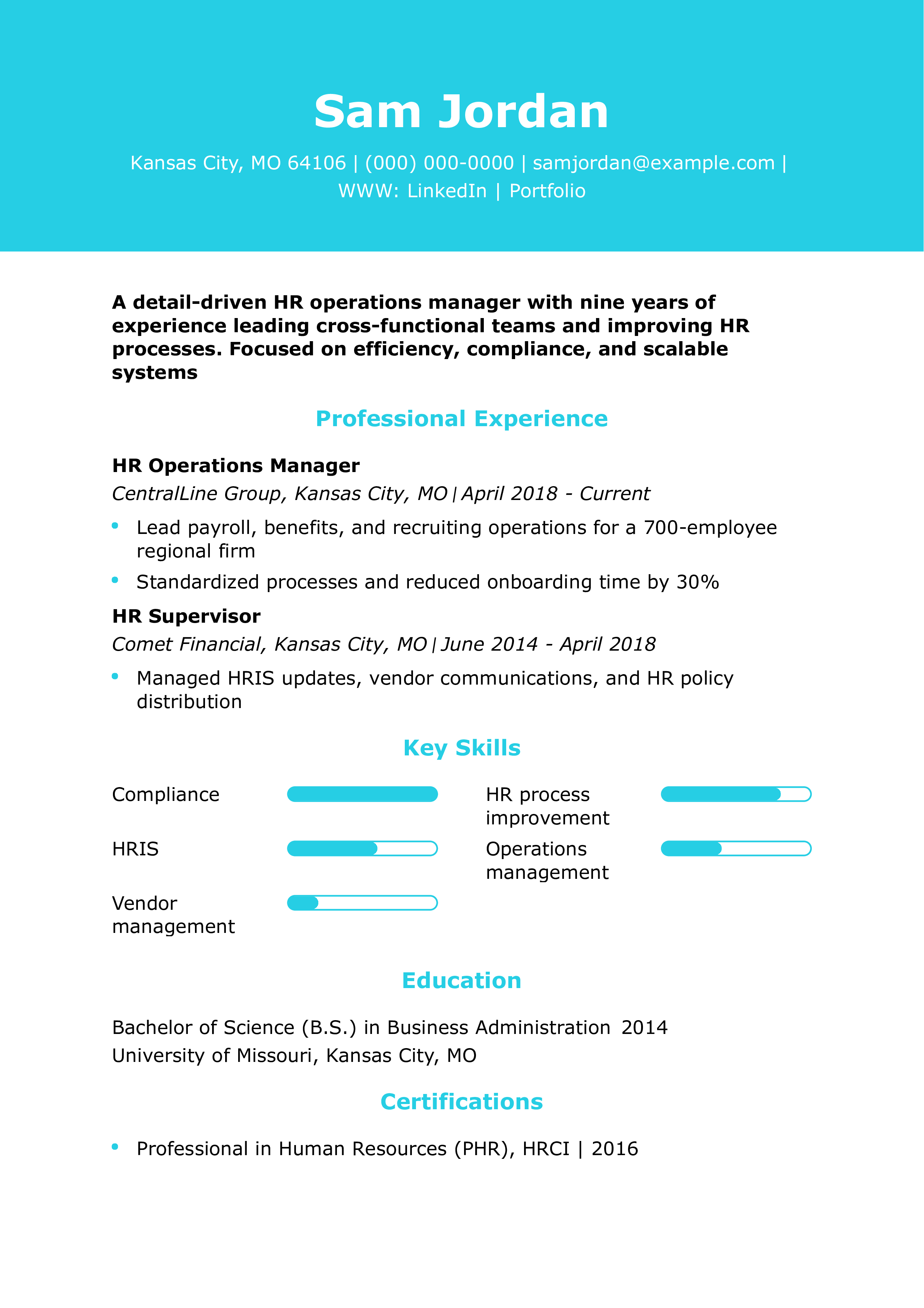 HR Operations Manager Resume Example