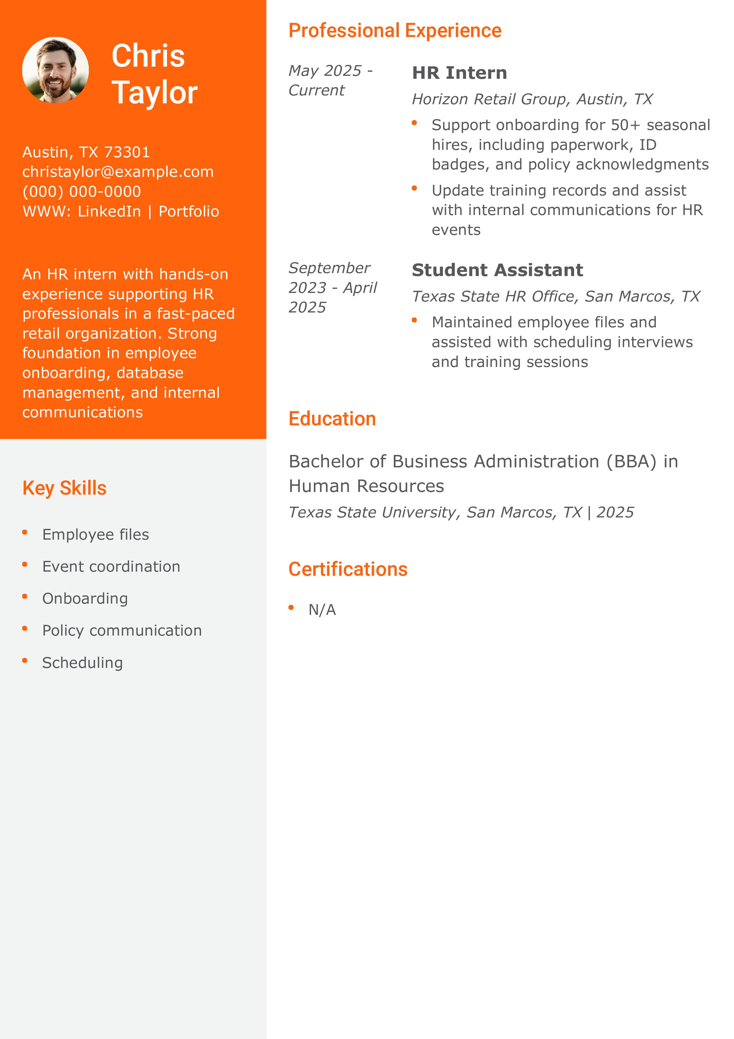 Human Resources Intern Resume Example