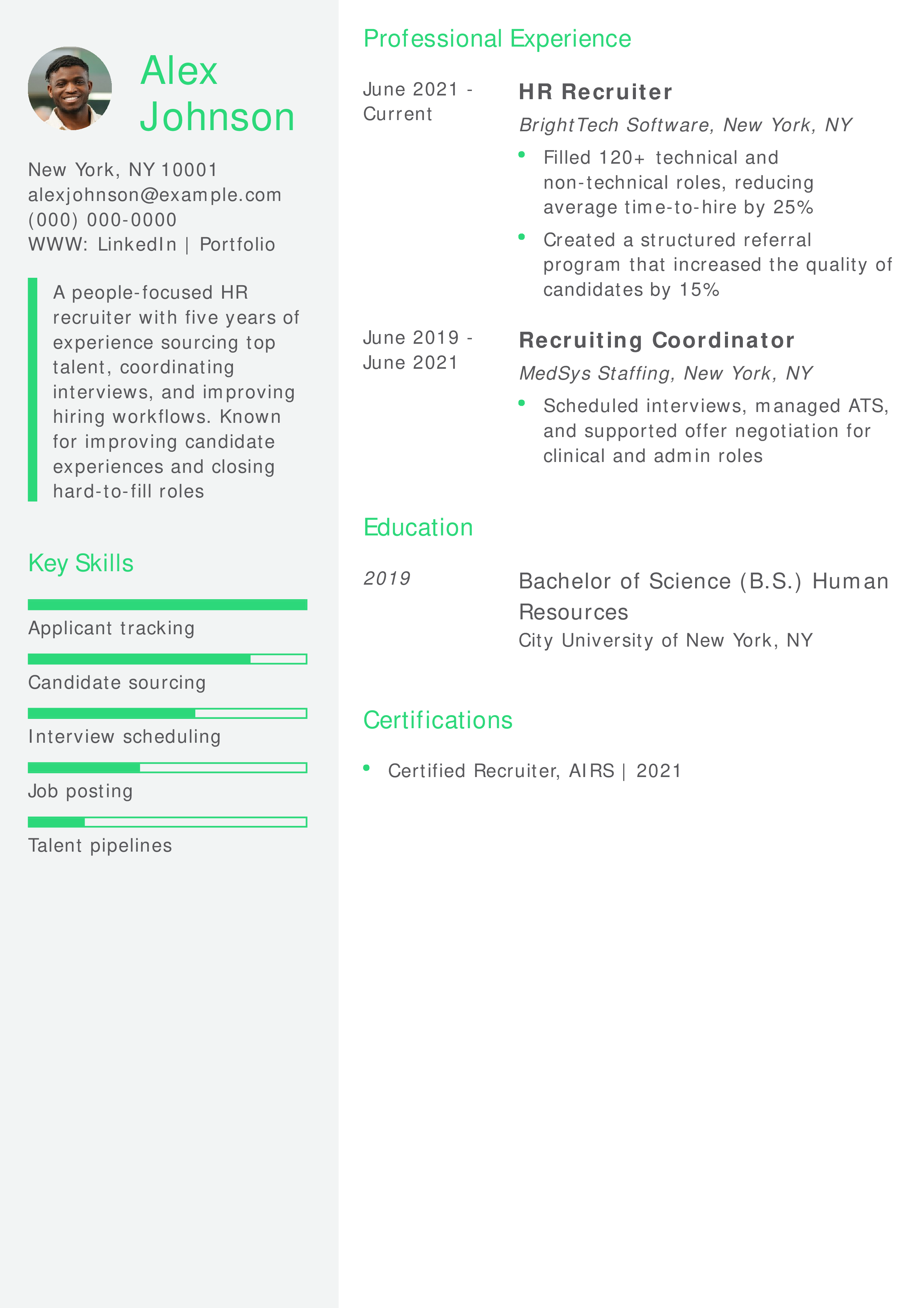 Human Resources Recruiter Resume Example