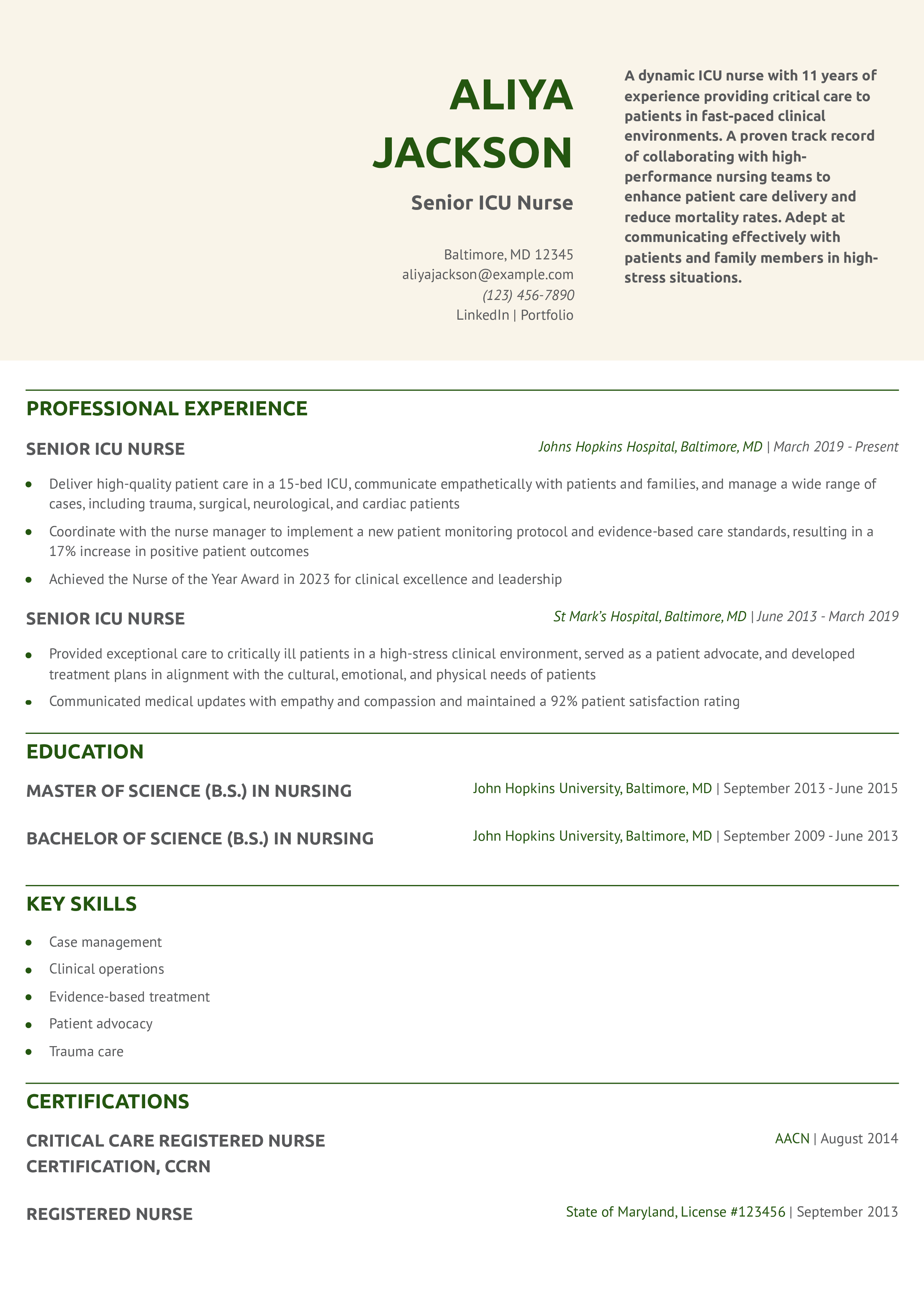 Senior ICU Nurse Resume