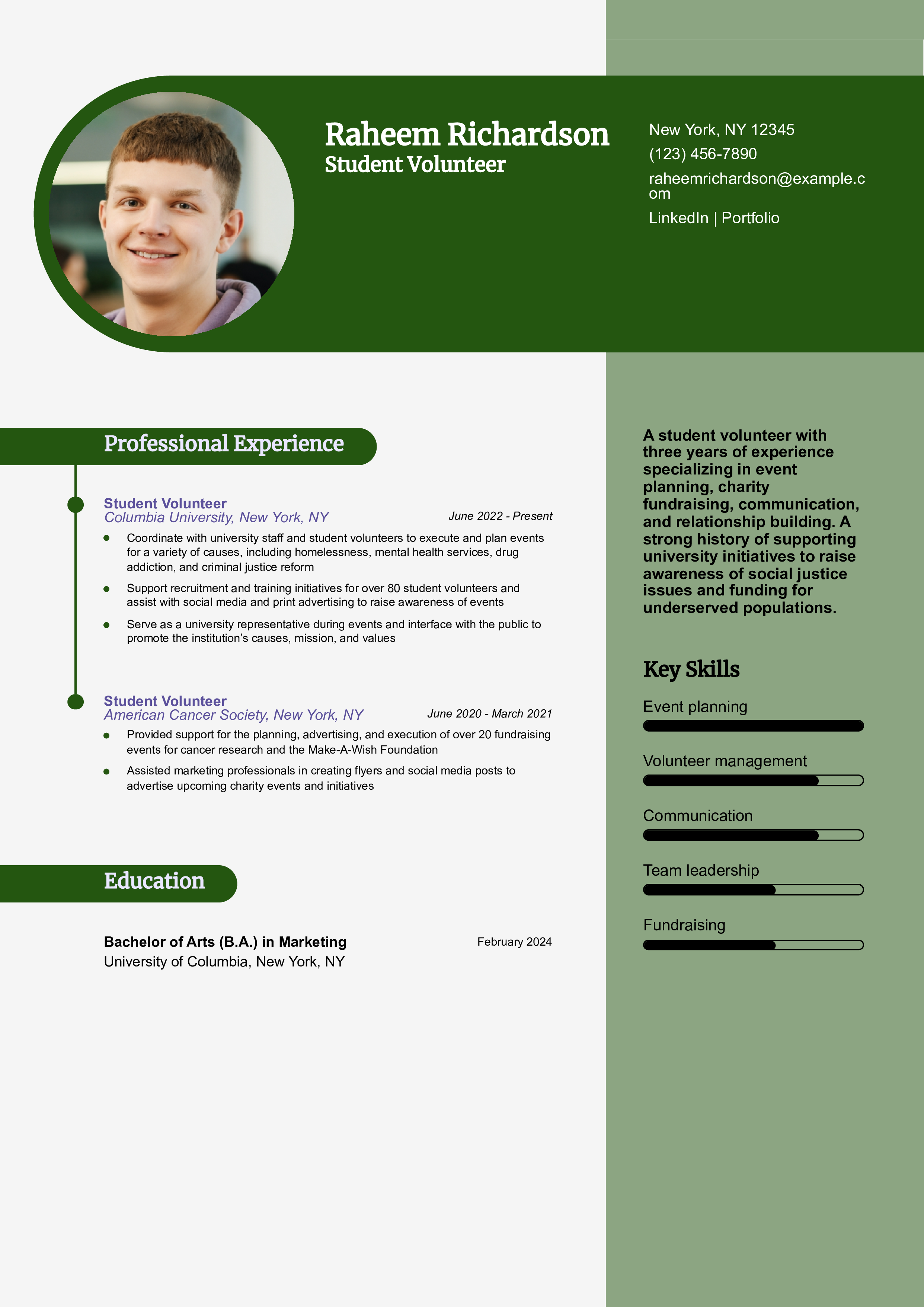Student Volunteer Resume