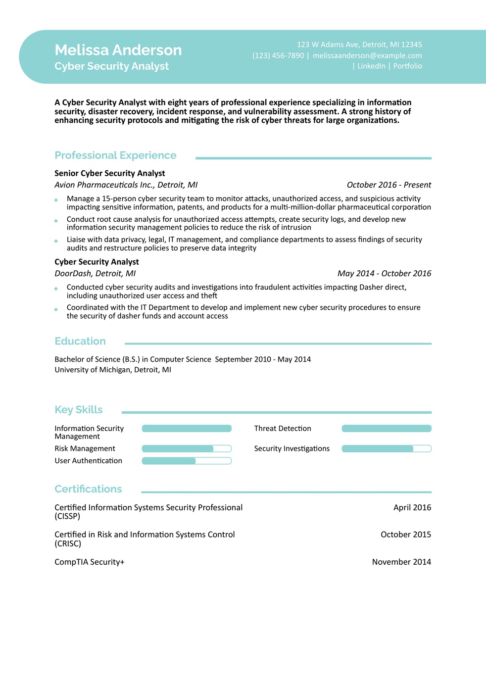 what to write in resume skills Cybersecurity Analyst Resume Example