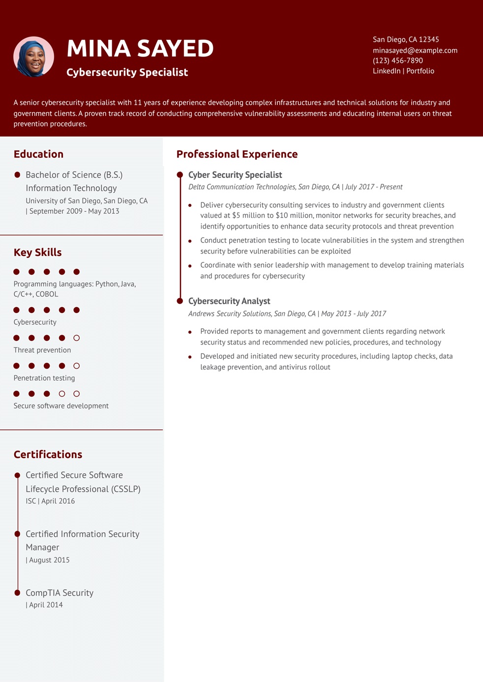 Cybersecurity Specialist Resume Example