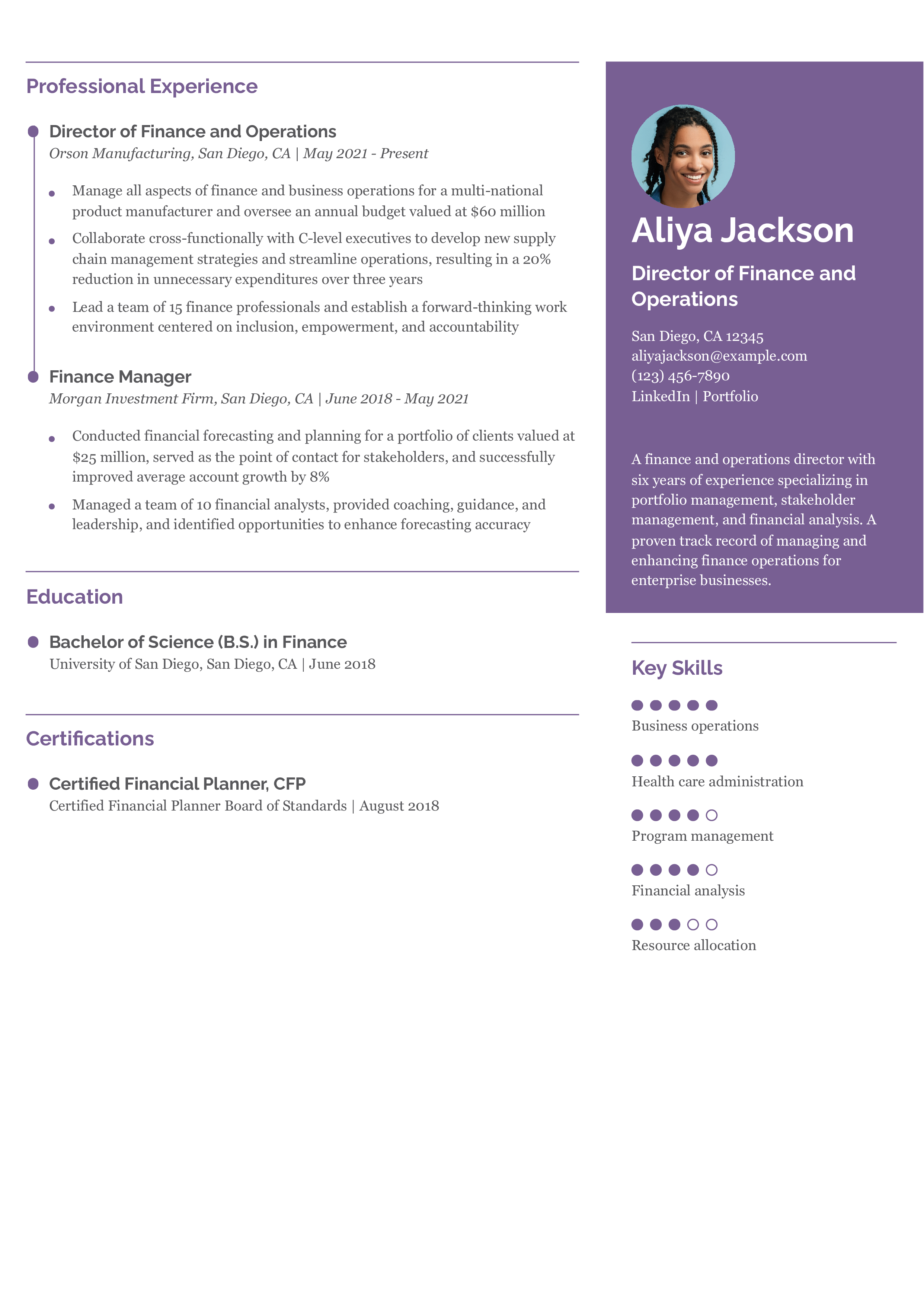 Director of Finance and Operations Resume