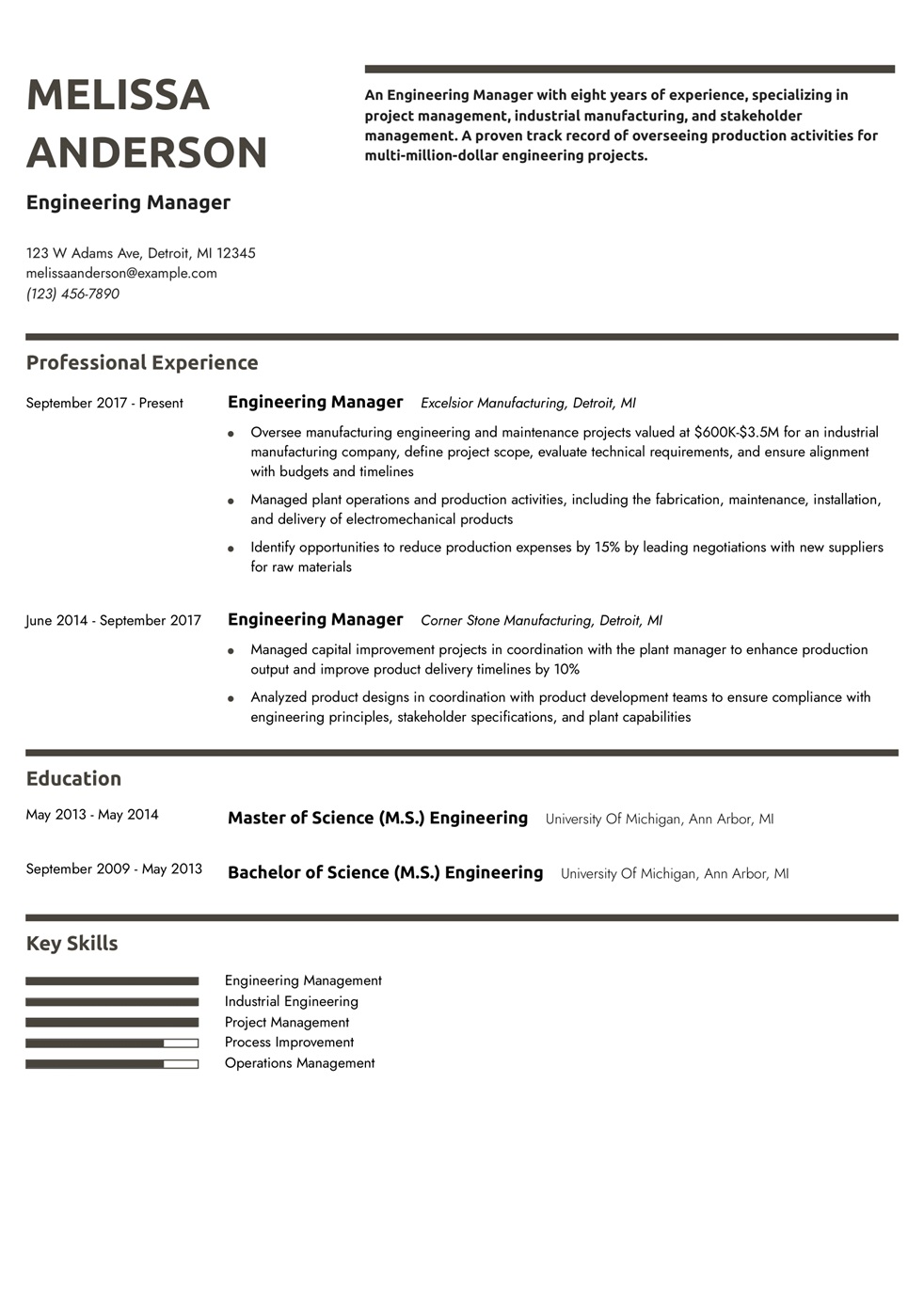 Manufacturing Engineering Manager Resume Example
