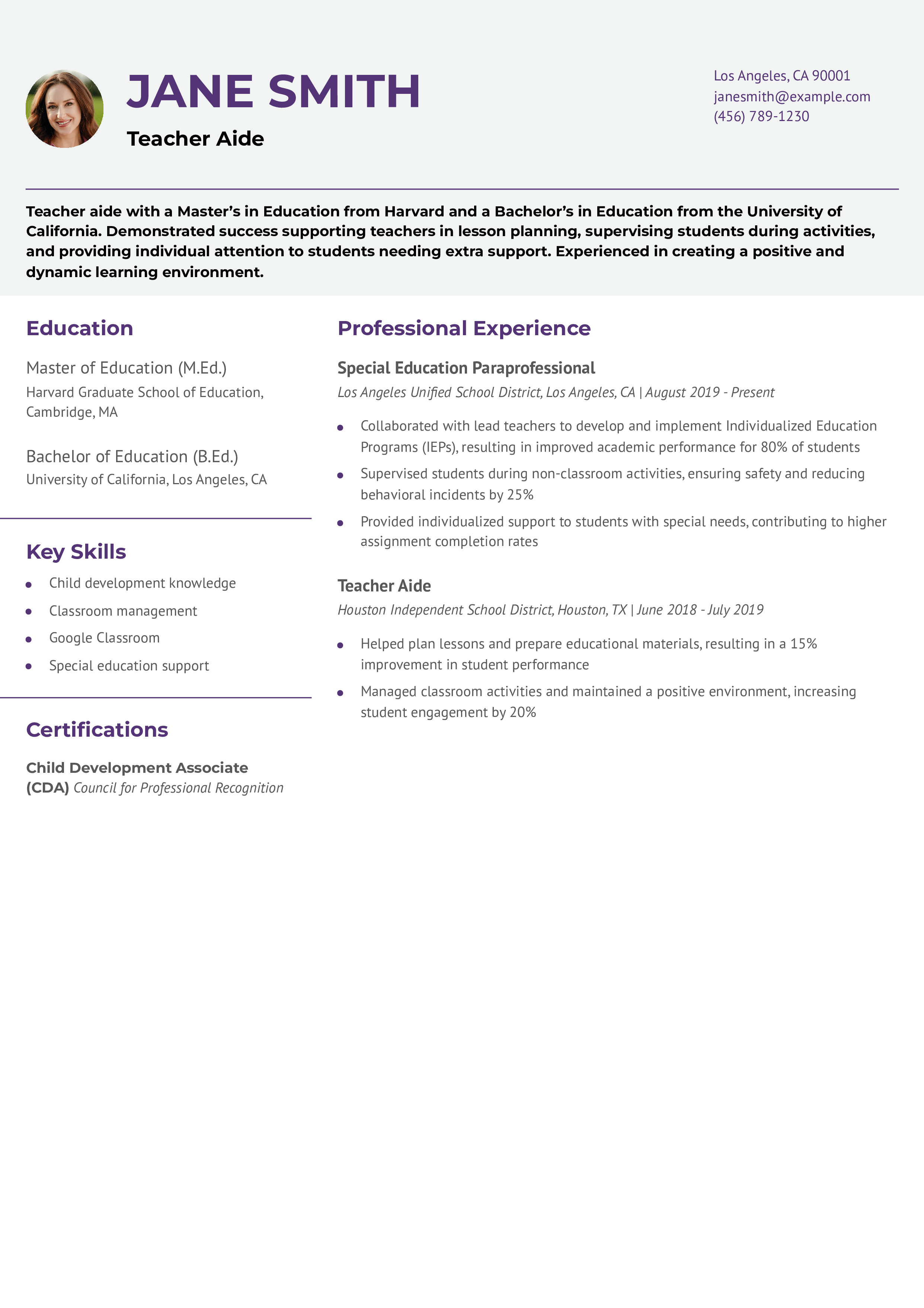 Entry-Level Teacher Aide Resume
