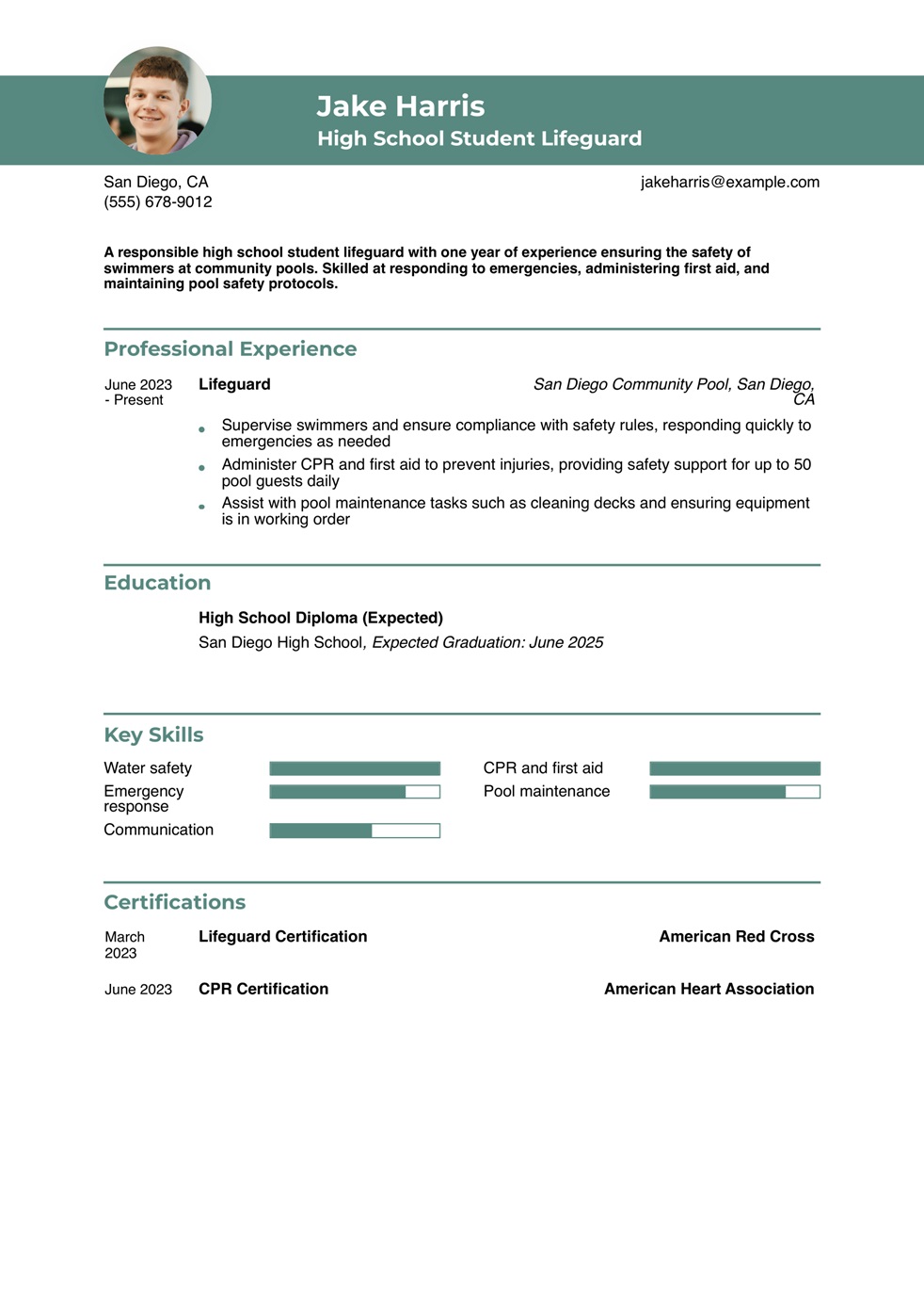 High School Student Lifeguard Resume Example