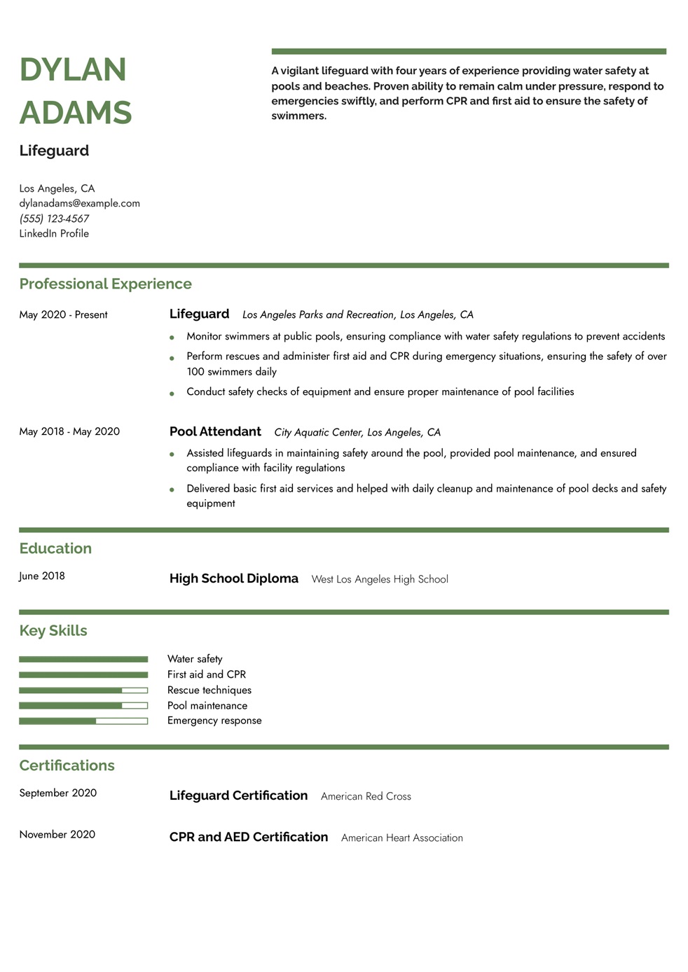 Lifeguard Resume Example