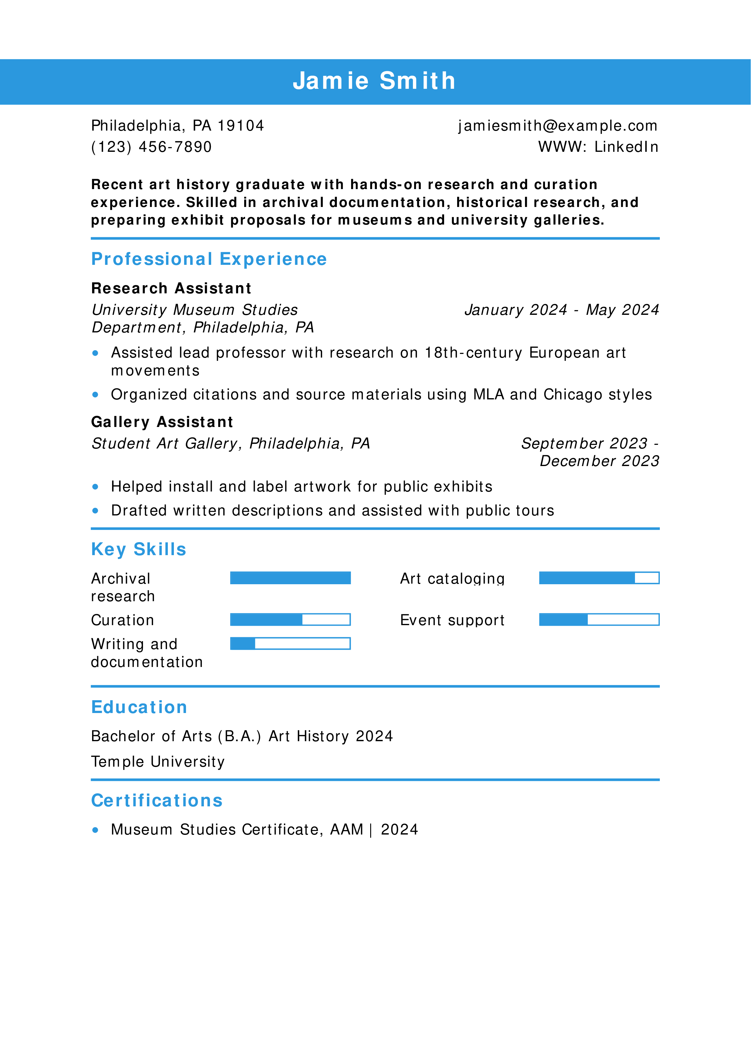 Art History Research Assistant Resume Example