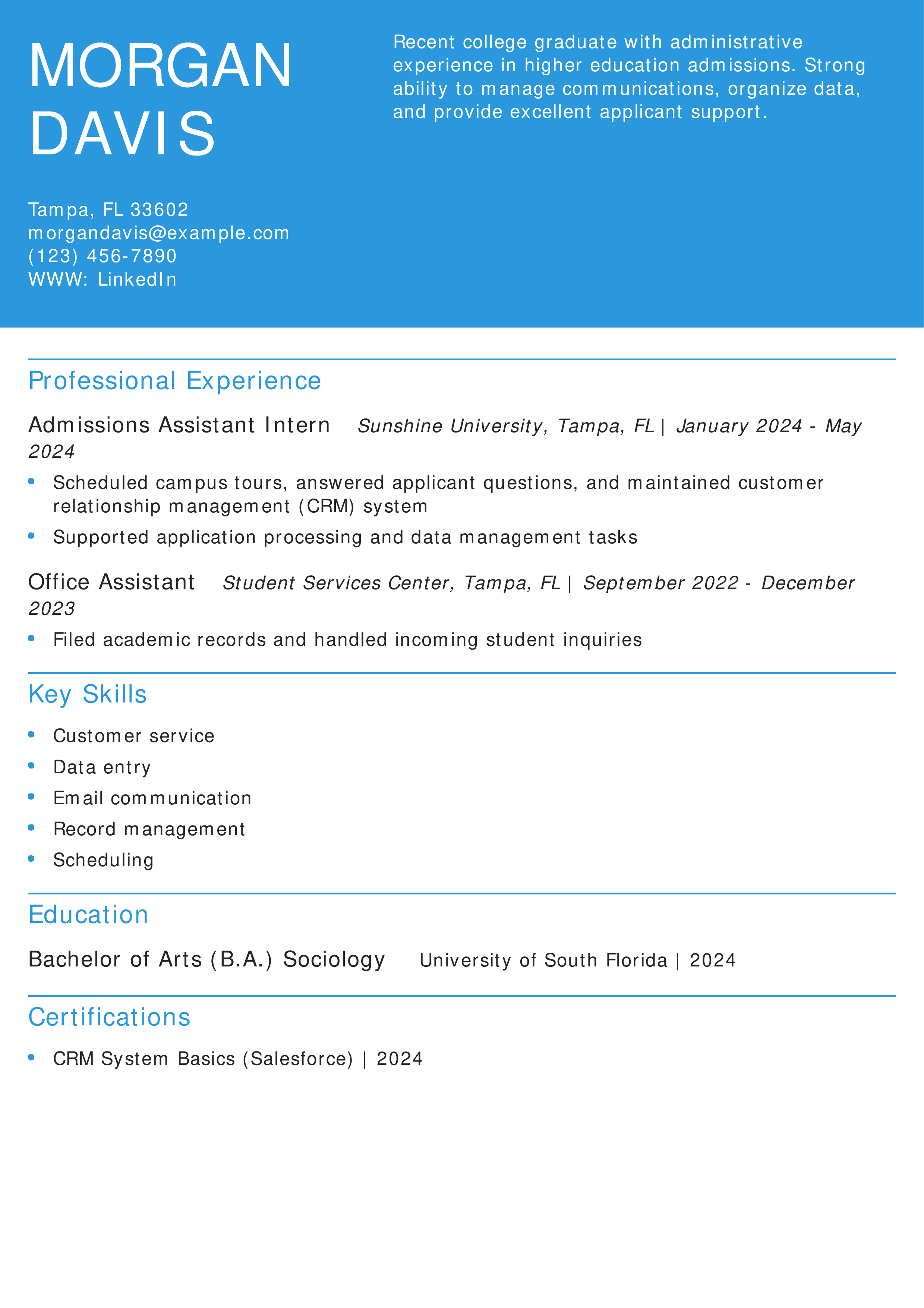 College Admissions Assistant Resume Example