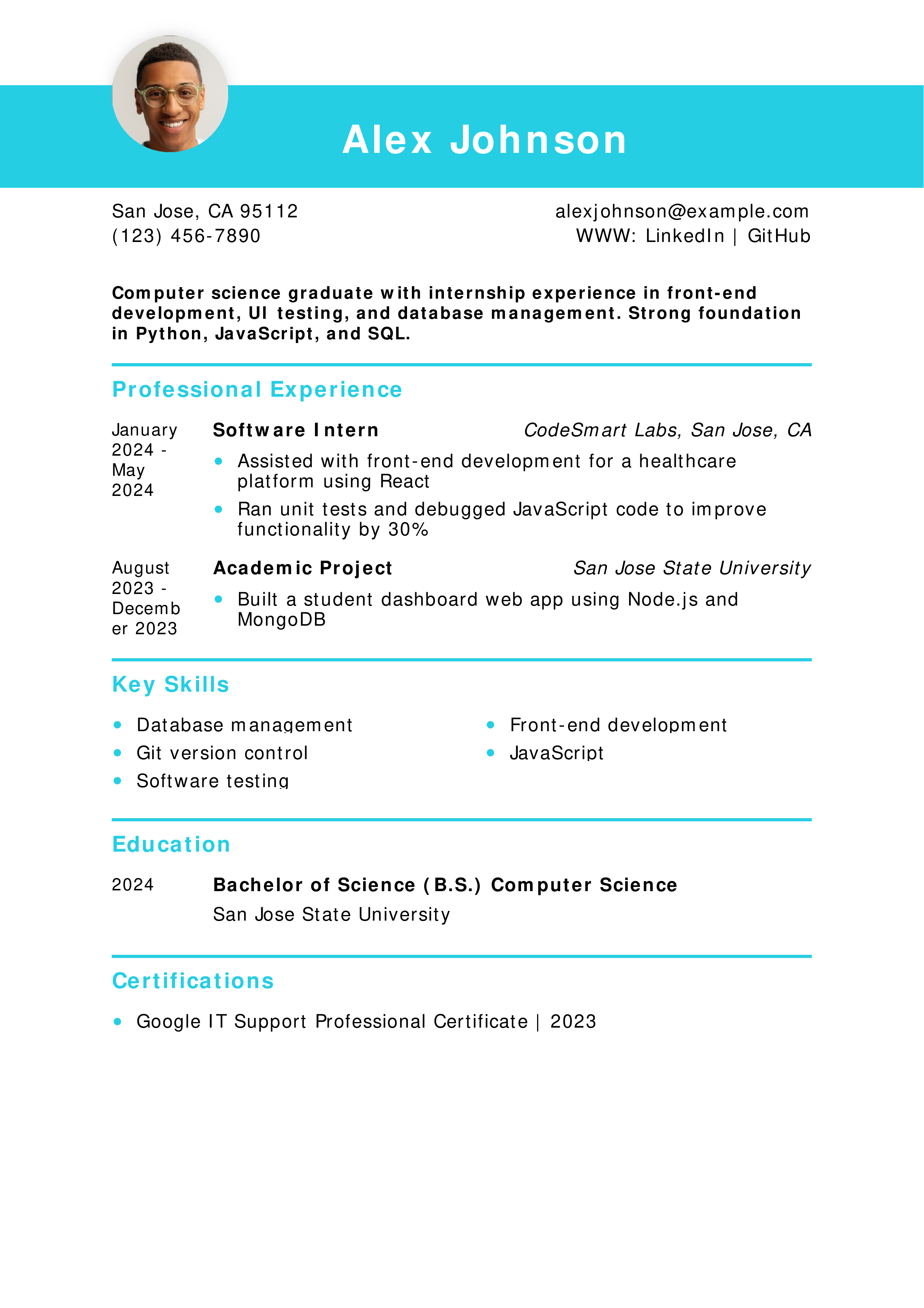 Computer Science Intern Resume Example