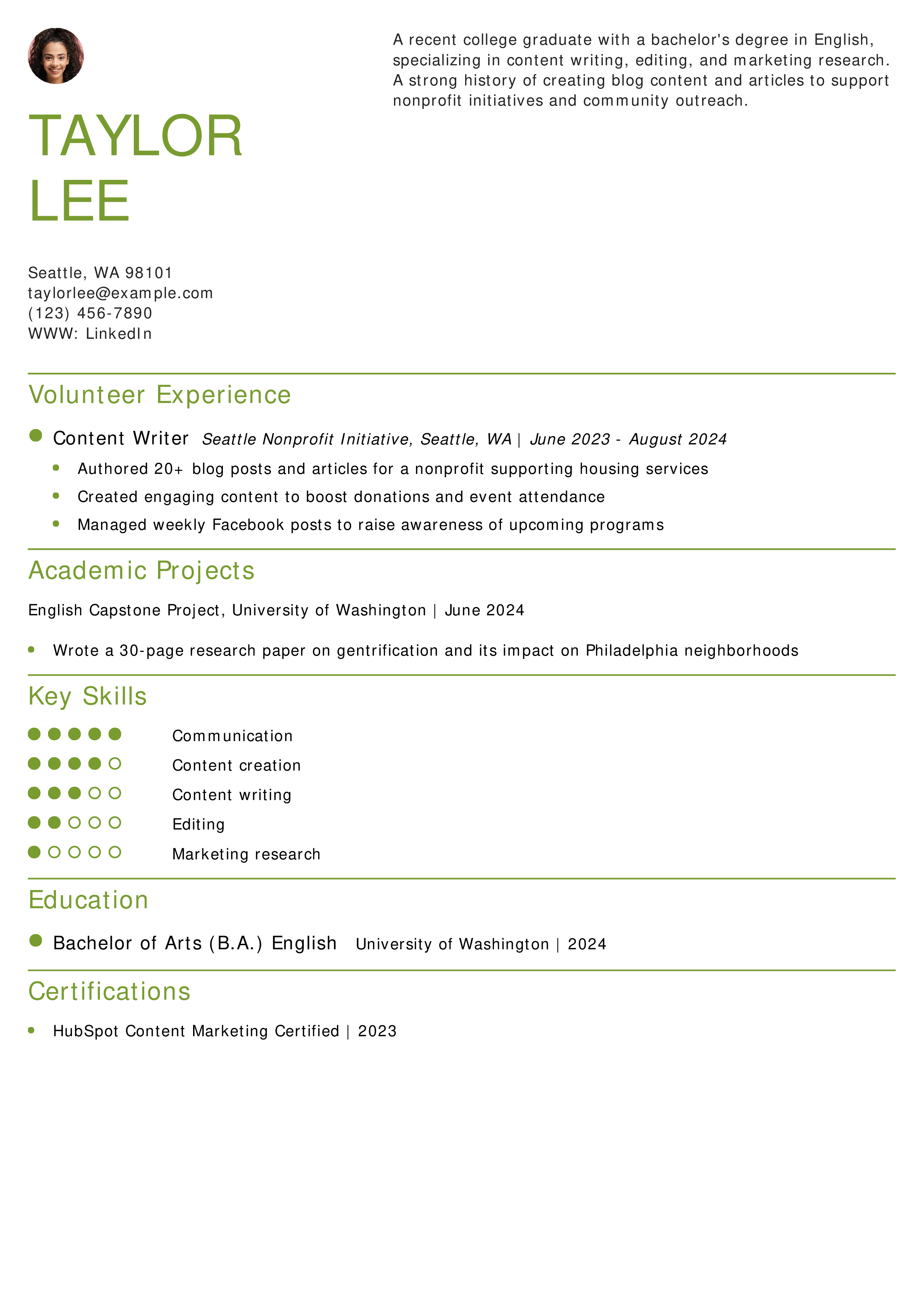 Content Writer Resume Example
