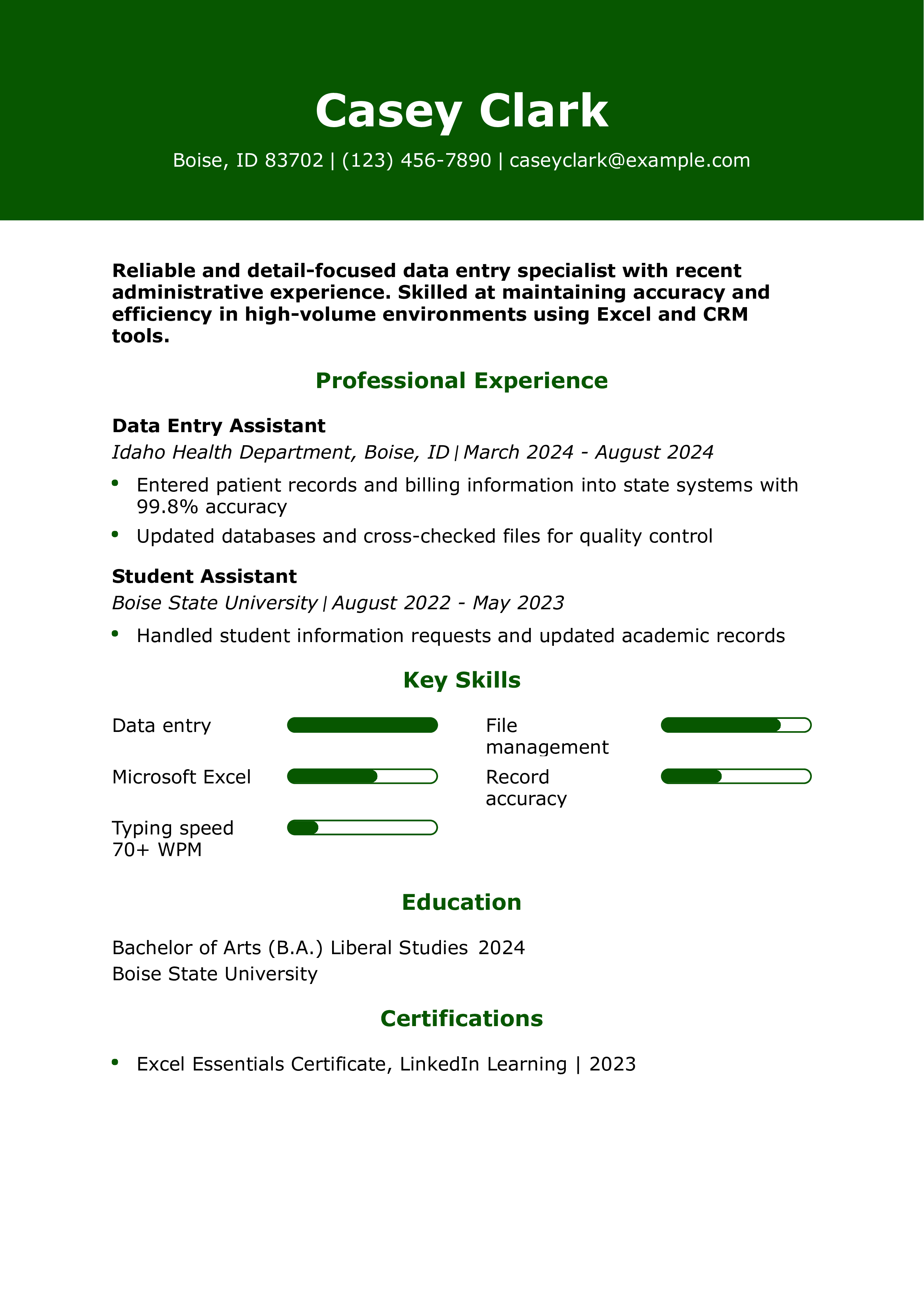 Data Entry Clerk Resume Example