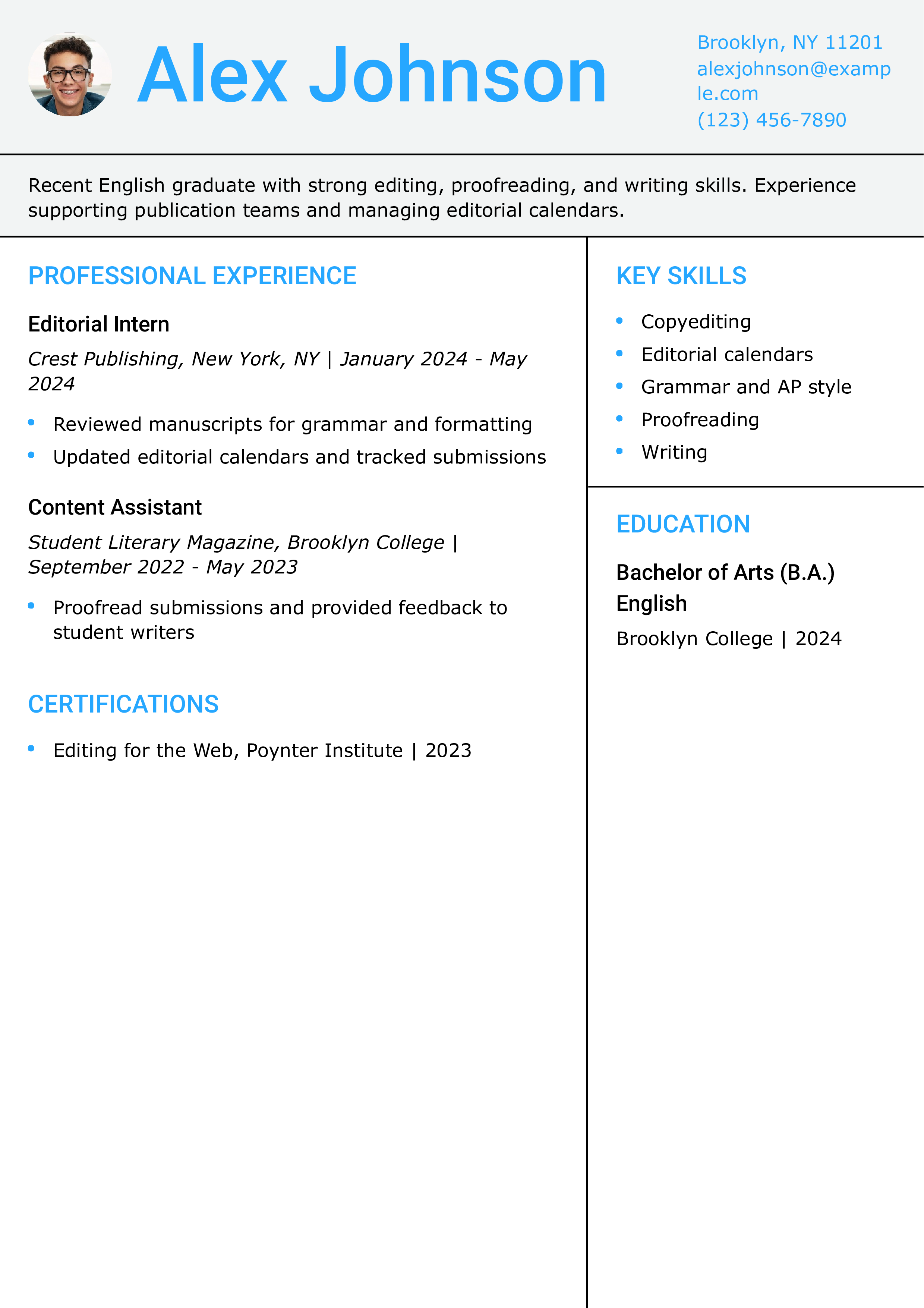 Editorial Assistant Resume Example