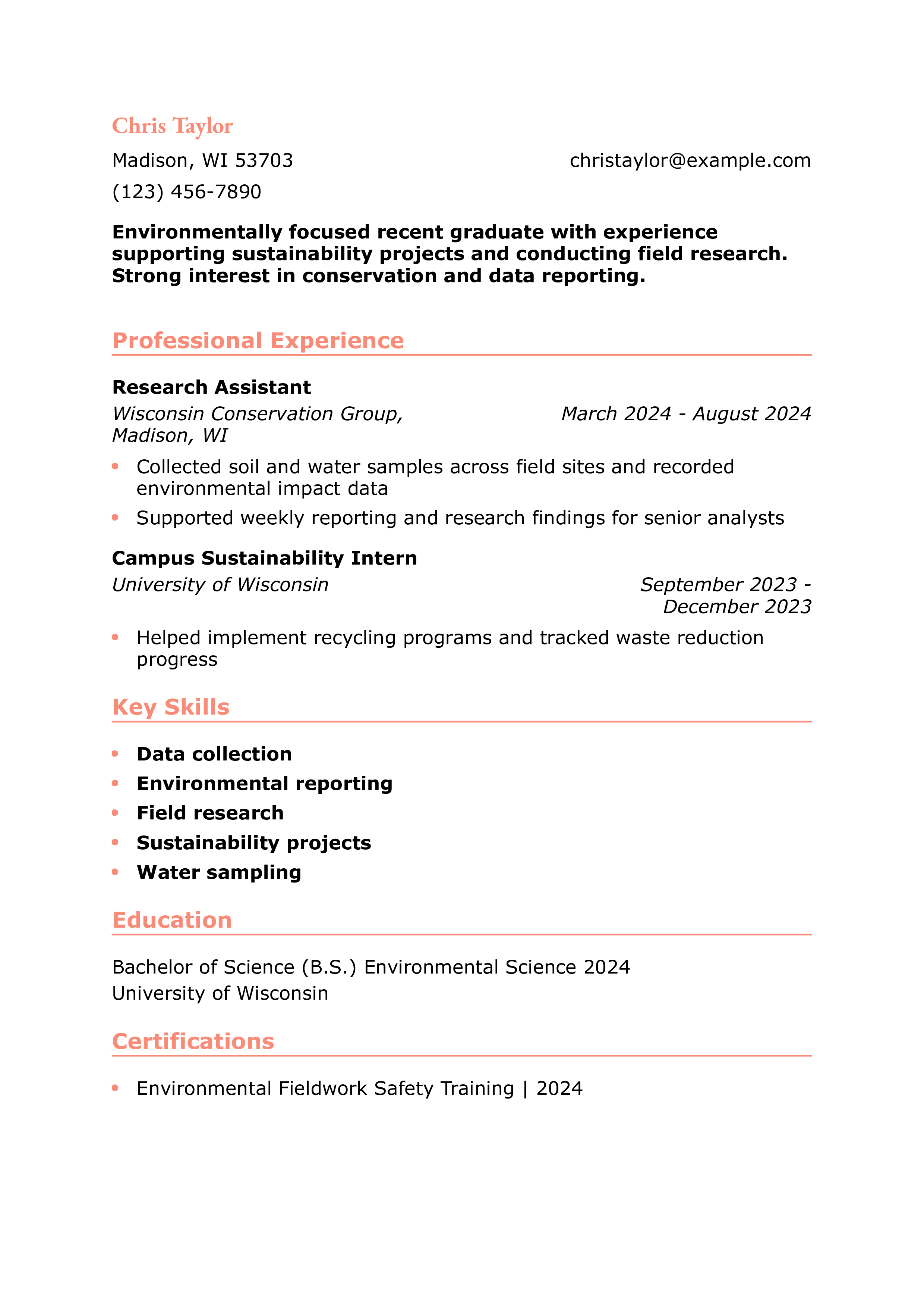 Environmental Science Assistant Resume Example