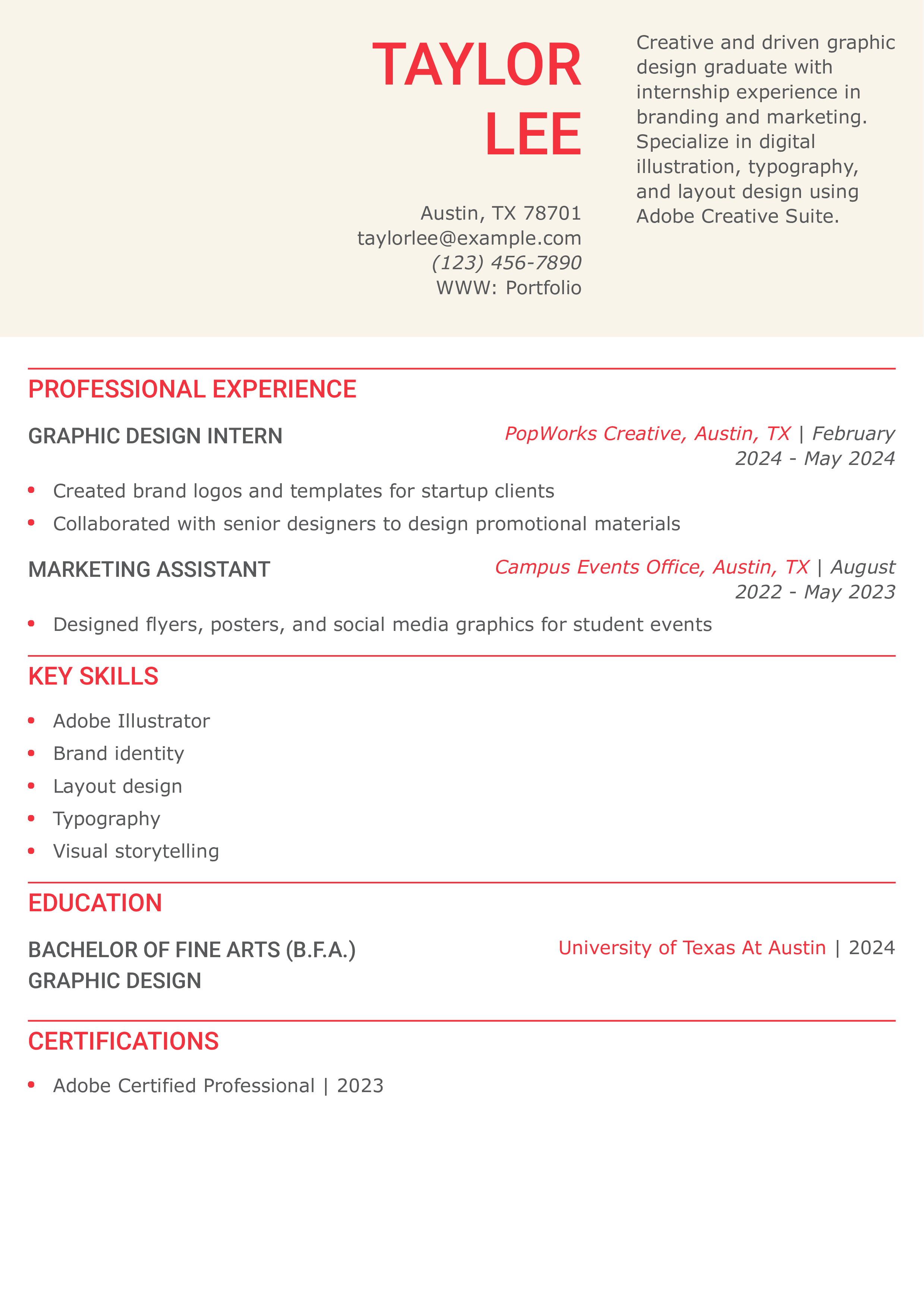 Graphic Design Intern Resume Example