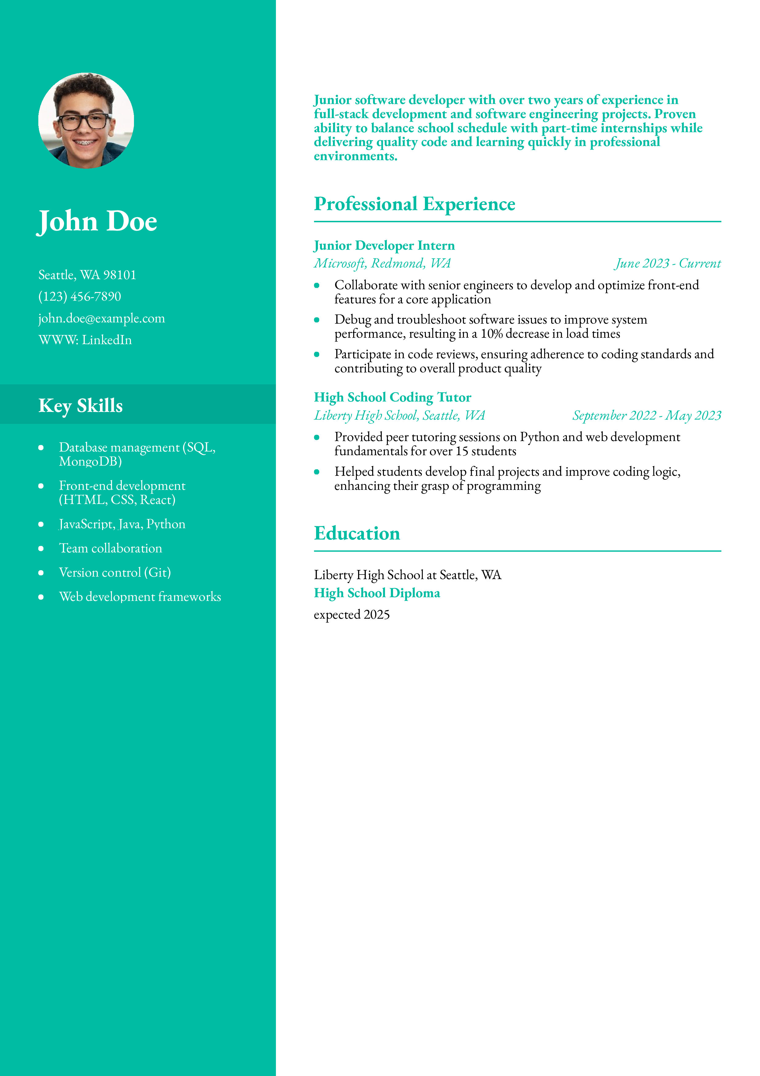 Junior Software Developer Teen Resume